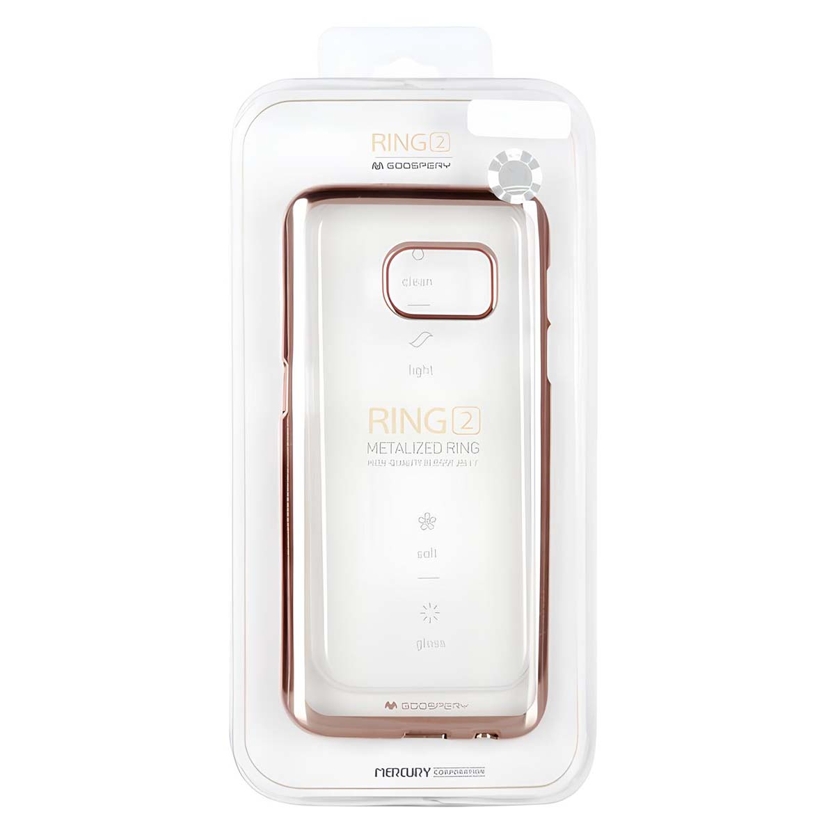 Embalaje para funda de teléfono oro rosa con etiqueta 'Ring 2'.