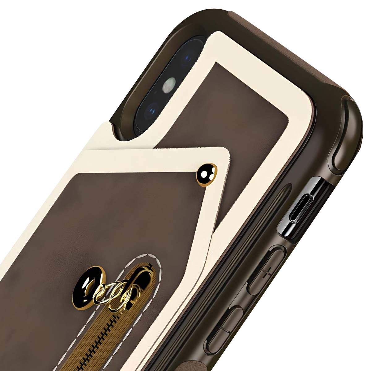 Custodia per telefono marrone con design a cerniera e dettaglio catena oro.