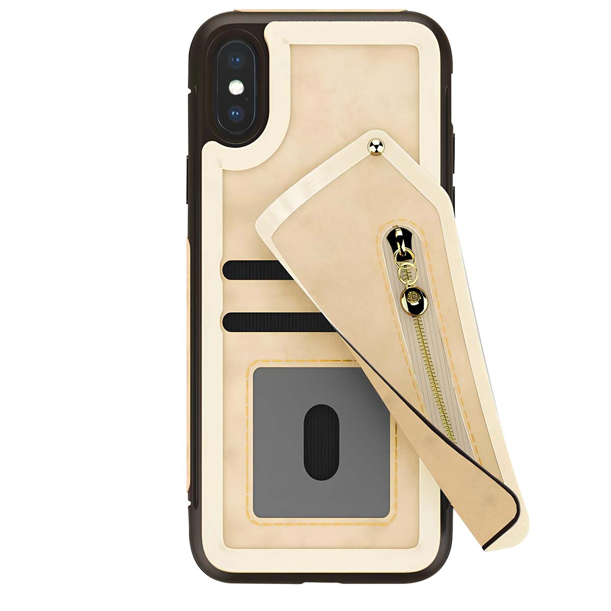 Una custodia per telefono beige e marrone con slot per carte e tasca con zip.