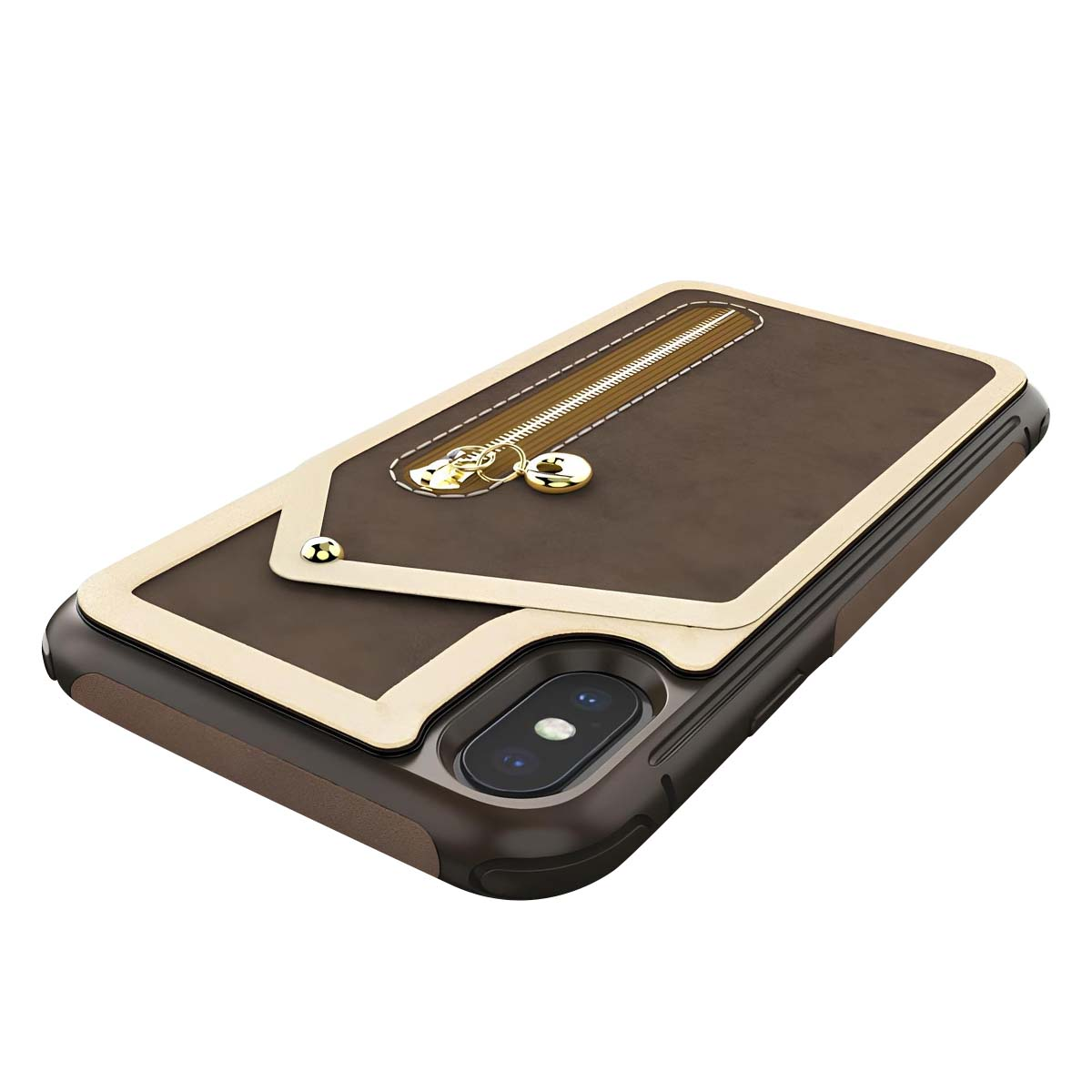 Custodia per telefono marrone con cerniera e hardware dorato, vista laterale.