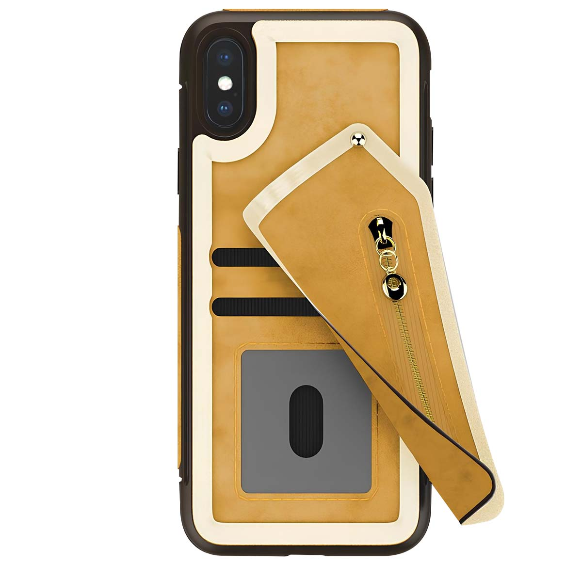 Una custodia per telefono color cuoio con patta con cerniera e fessure per carte.