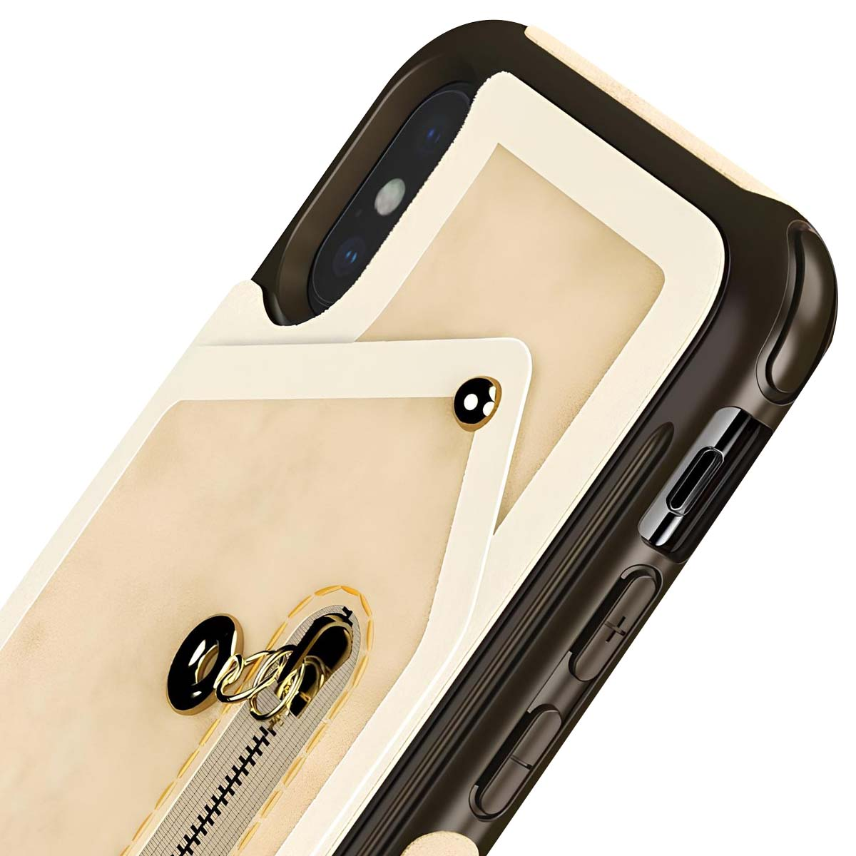 Custodia per telefono beige con dettaglio cerniera e cornice nera.