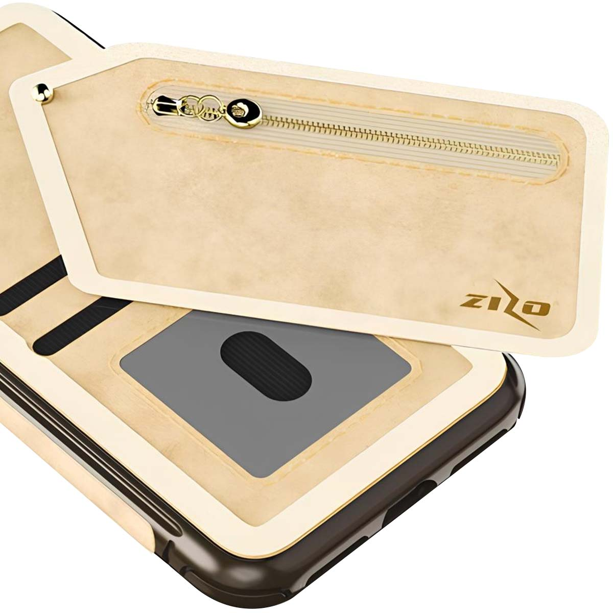 Custodia per telefono beige con zip e logo su sfondo bianco.