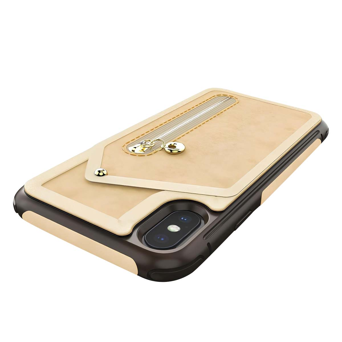 Una cover per telefono marrone chiaro con cerniera e dettagli dorati su sfondo bianco.