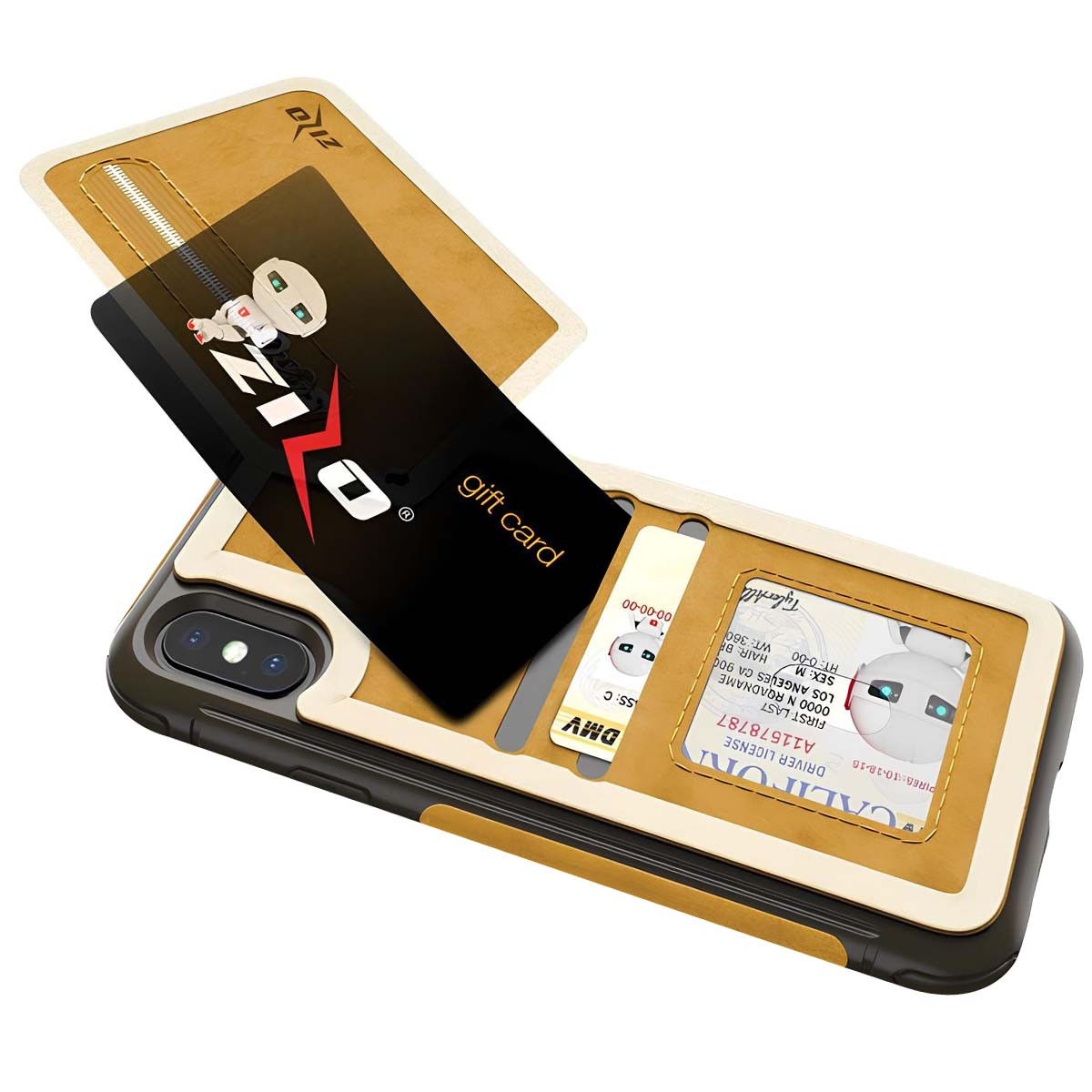 Custodia per telefono con slot per carte contenenti carta regalo e ID.