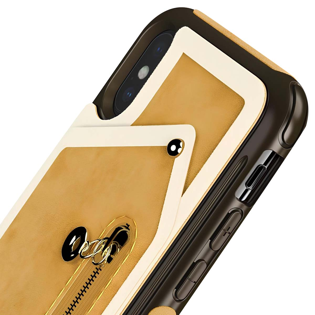 Una custodia dorata per telefono con cerniera e due fotocamere posteriori.