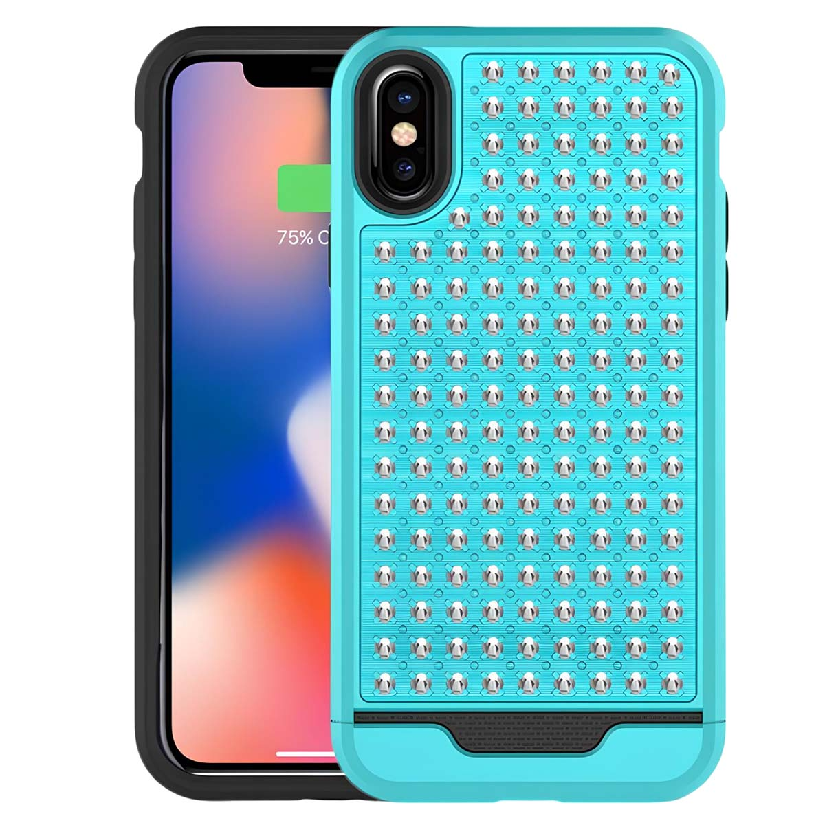 Una custodia blu per telefono con motivo, che protegge un iPhone.