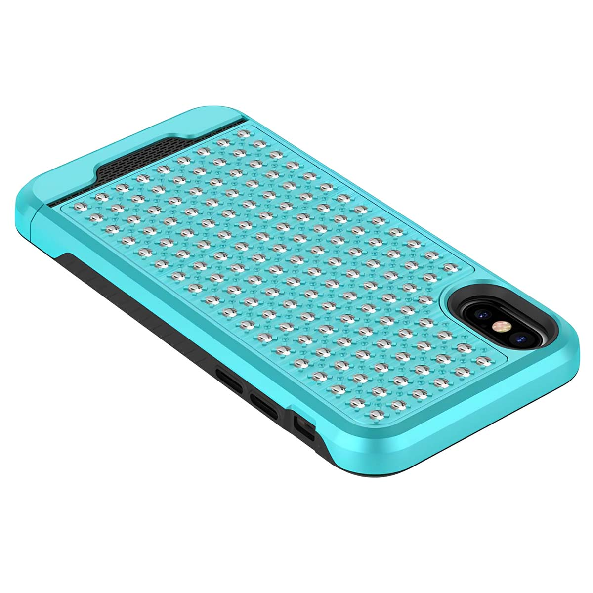 Custodia turchese per telefono con motivo di piccole borchie metalliche.