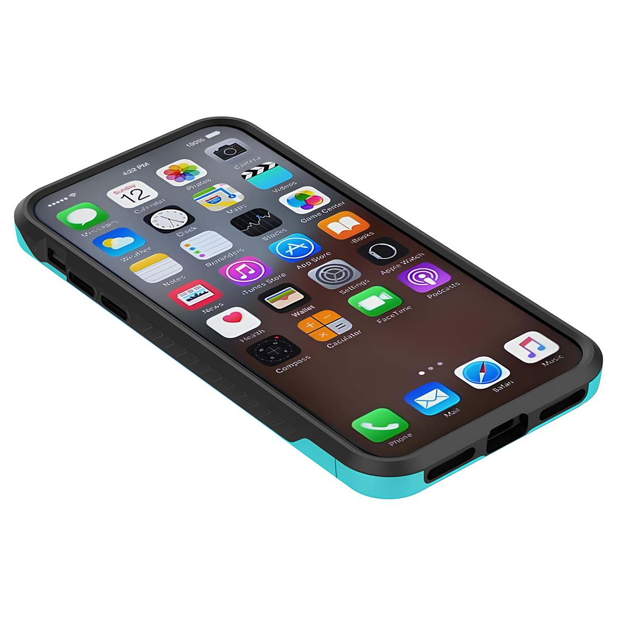 Un iPhone con custodia blu e nera, visualizzato su sfondo bianco.