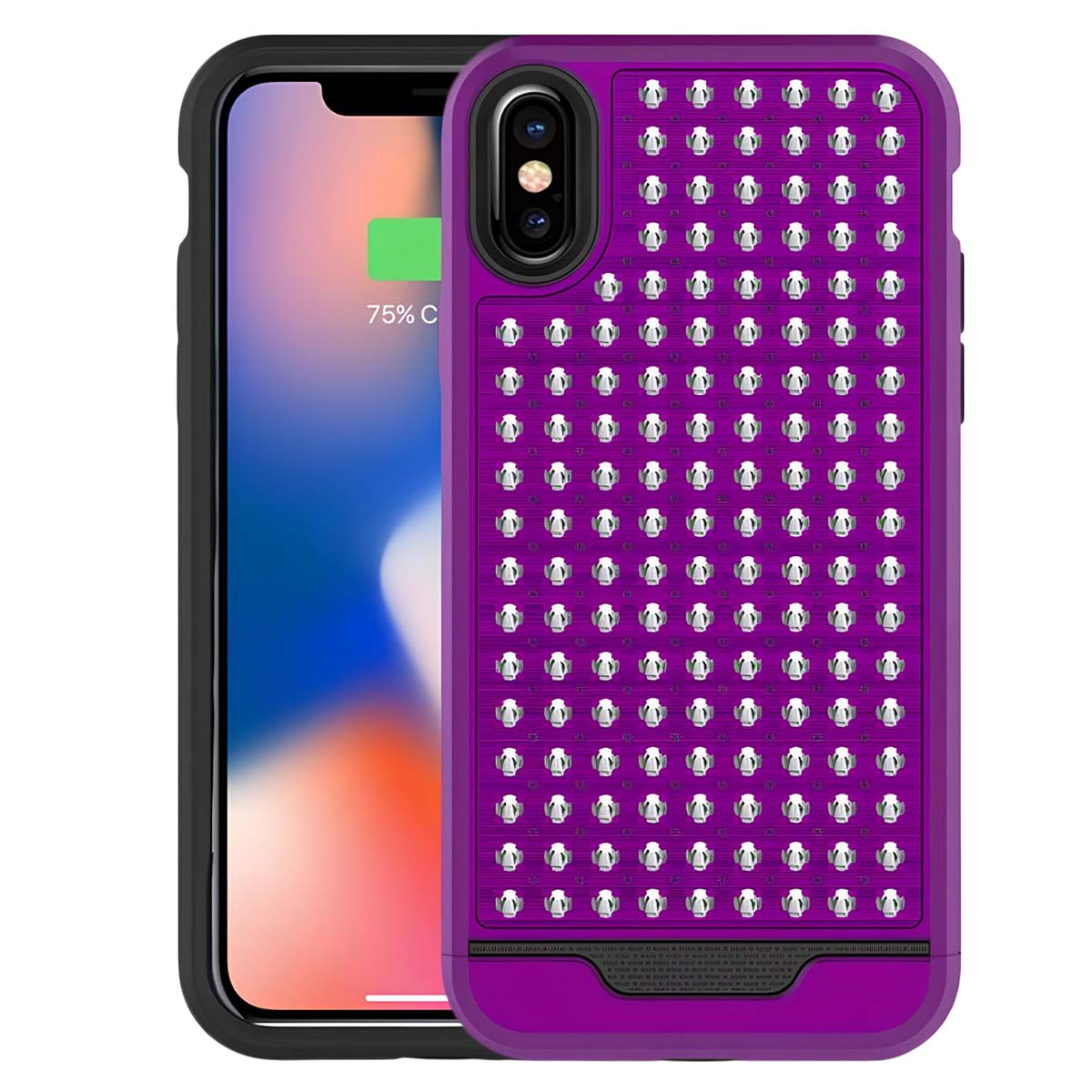 Custodia viola per telefono con molte piccole luci sul retro accanto a uno smartphone.