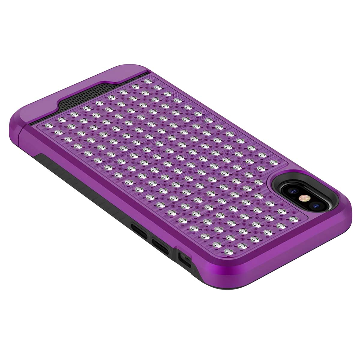 Custodia viola per telefono con molte borchie argentate e apertura fotocamera.