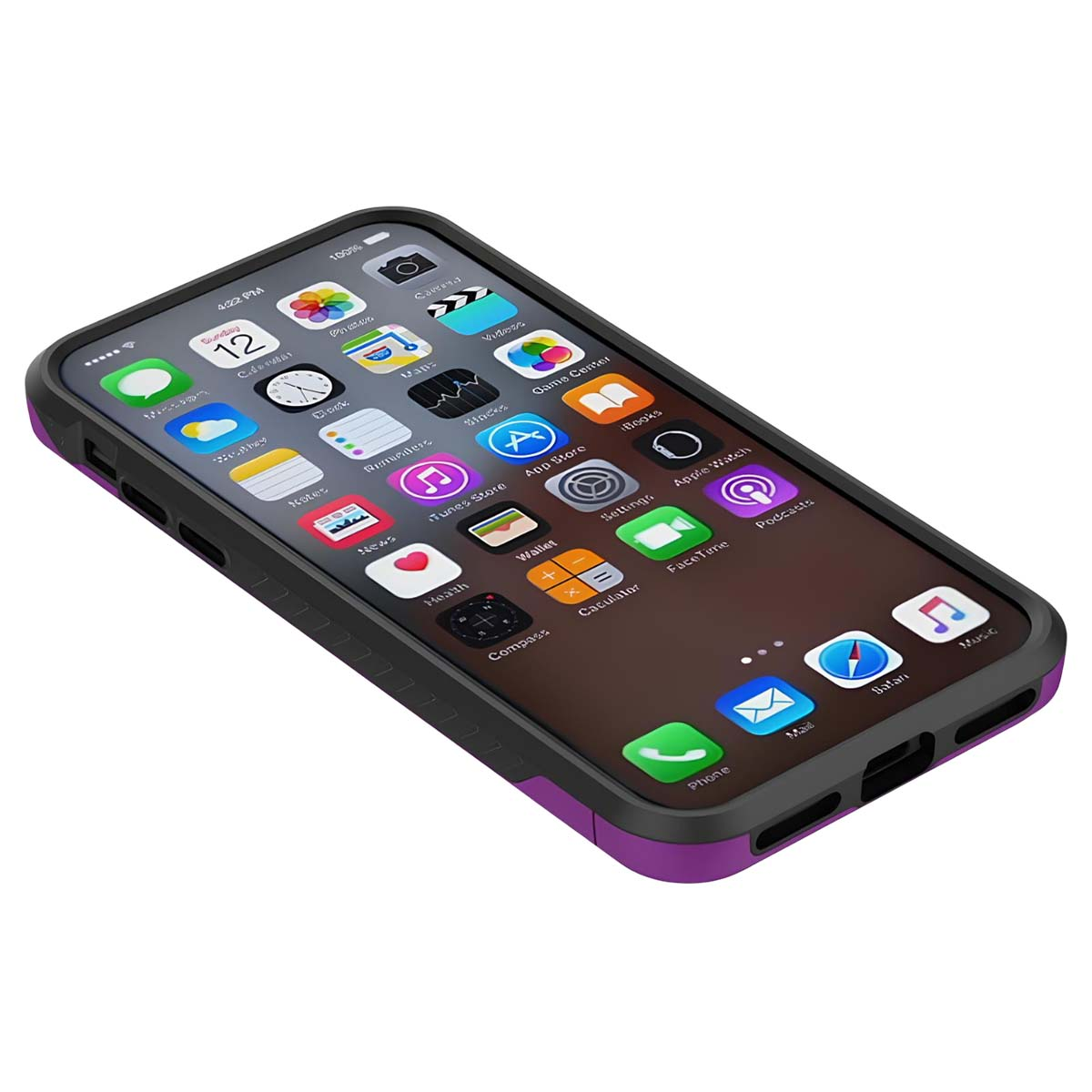 Un iPhone viola e nero con molte icone di app sullo schermo.
