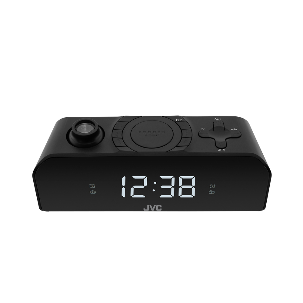 Czarny budzik cyfrowy z podświetlanym wyświetlaczem pokazującym 12:38.