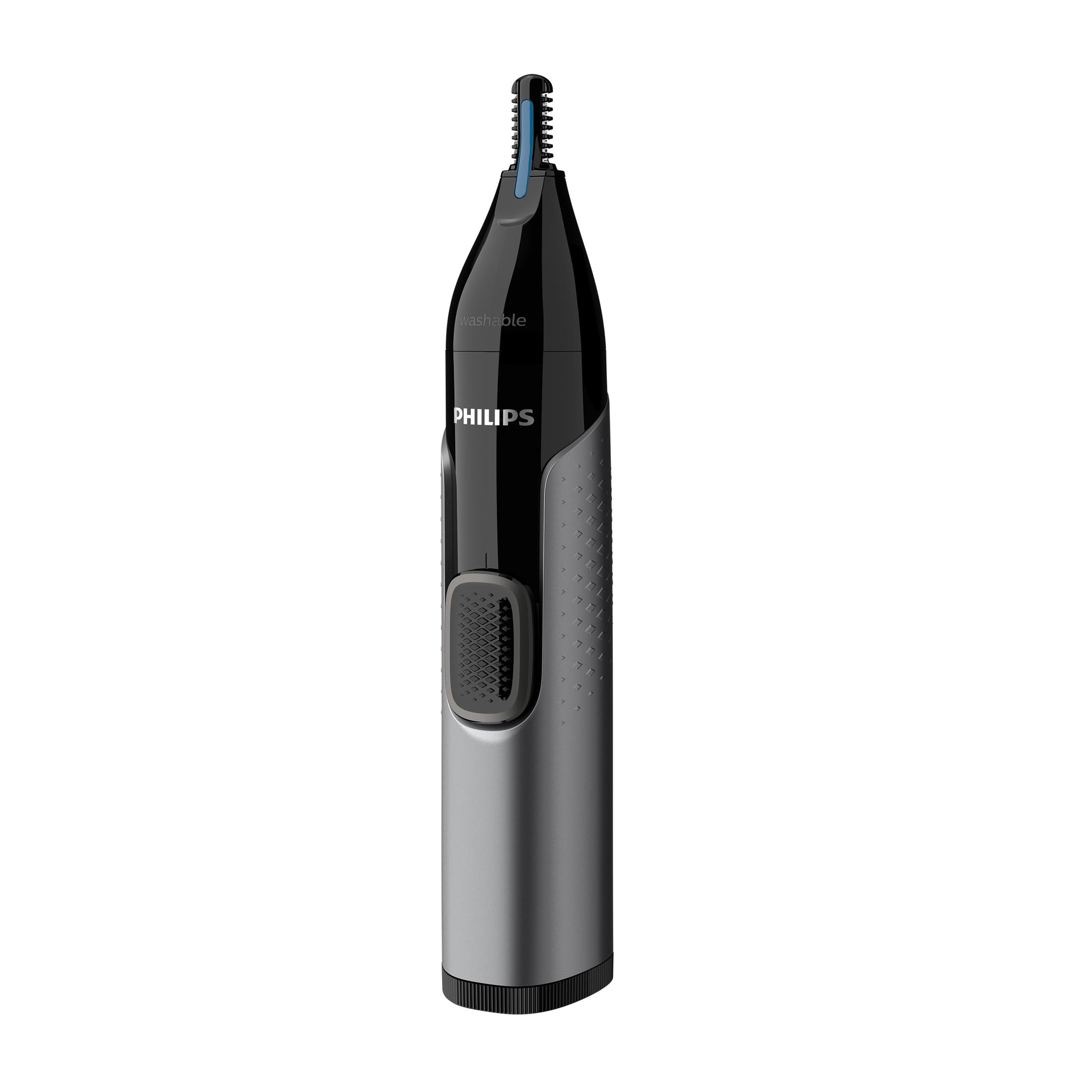 Tagliacapelli nasale Philips nero e argento con dettaglio blu sulla testa.