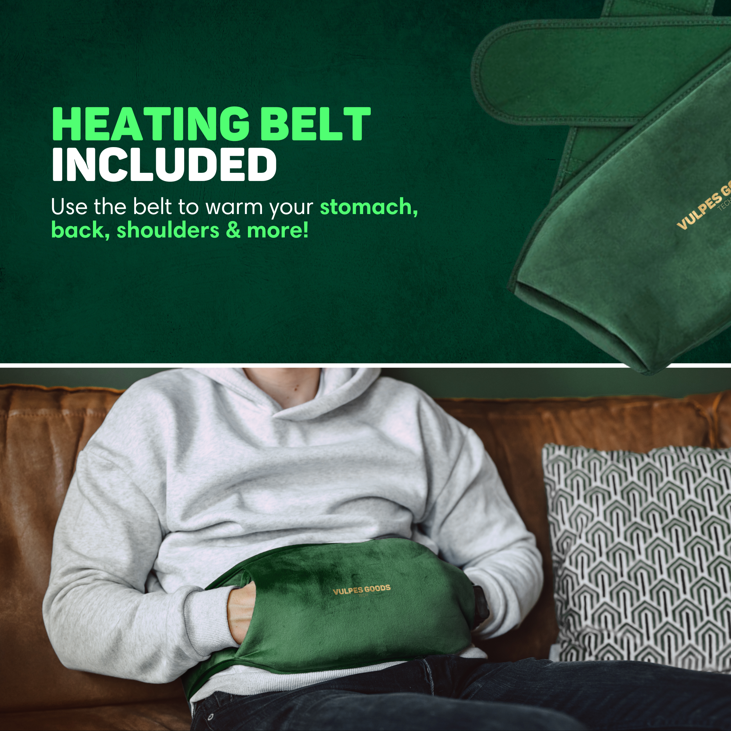 A person sits on a couch holding a green heating pad.