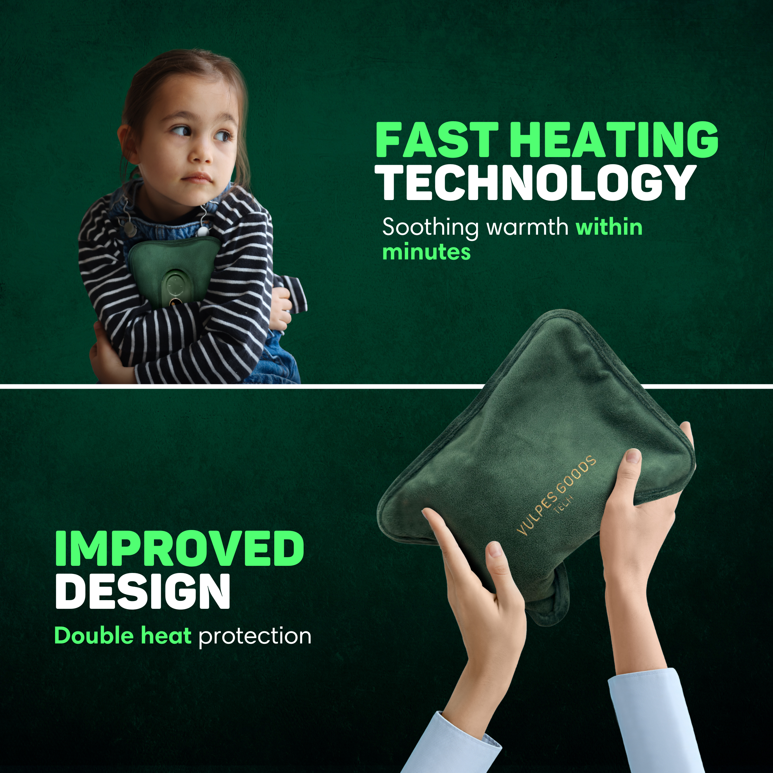 A girl holds a green hot water bottle. Hands hold a green hot water bottle.