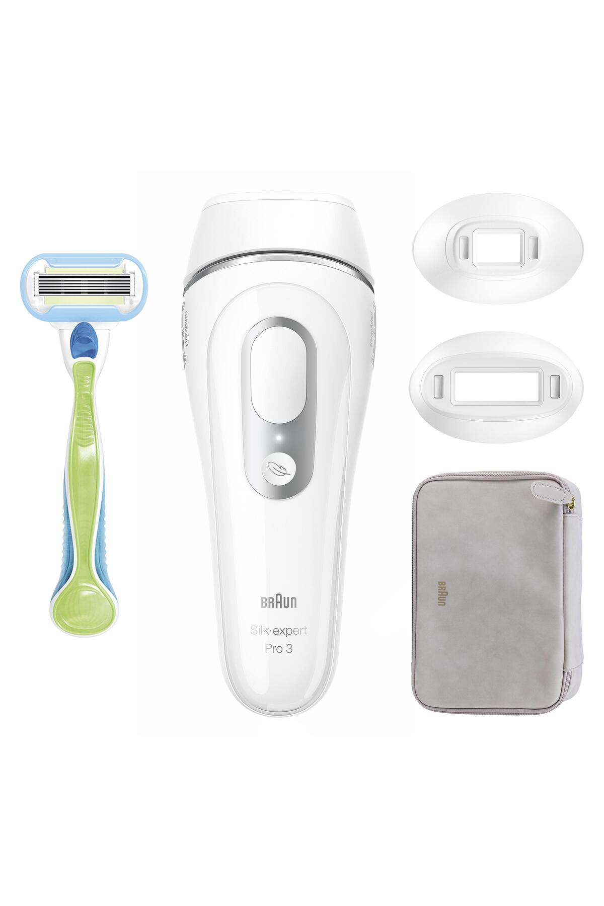 Epilatore bianco con accessori: rasoio, accessori e custodia.