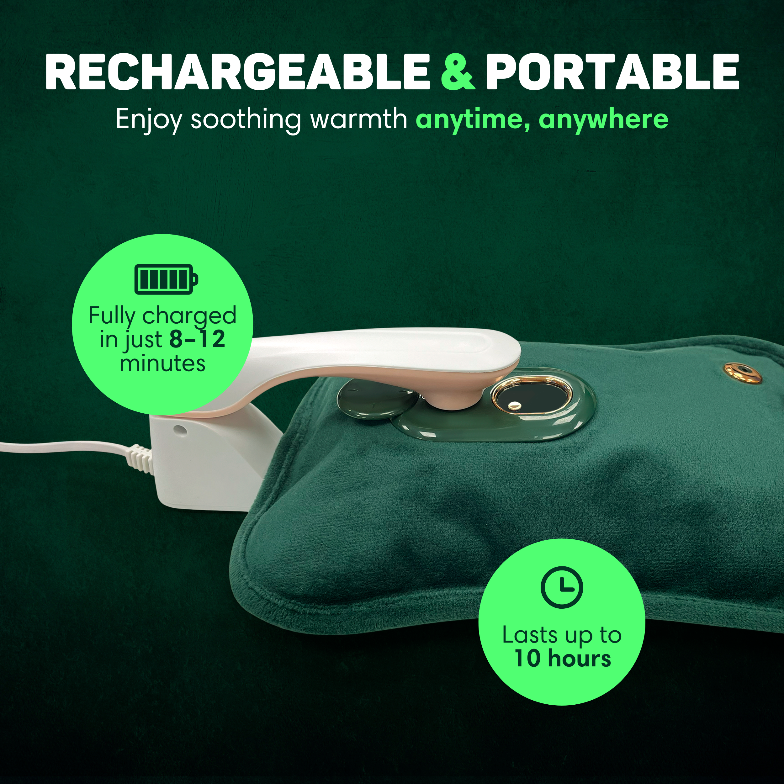 A green heated blanket with charging cable and indicator. Fully charged in 8-12 minutes.