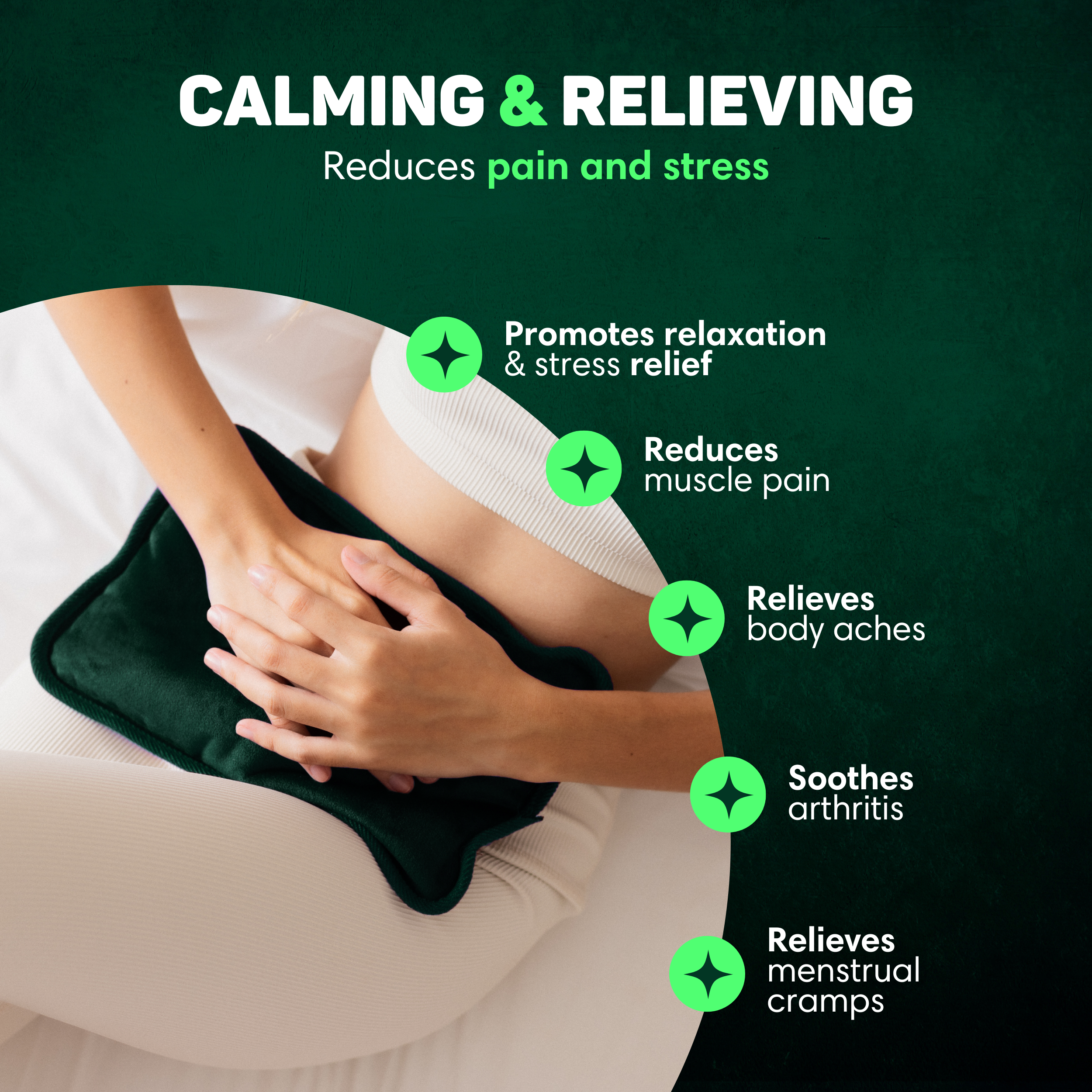 A green hot pack rests on a leg, promoting pain relief and relaxation.