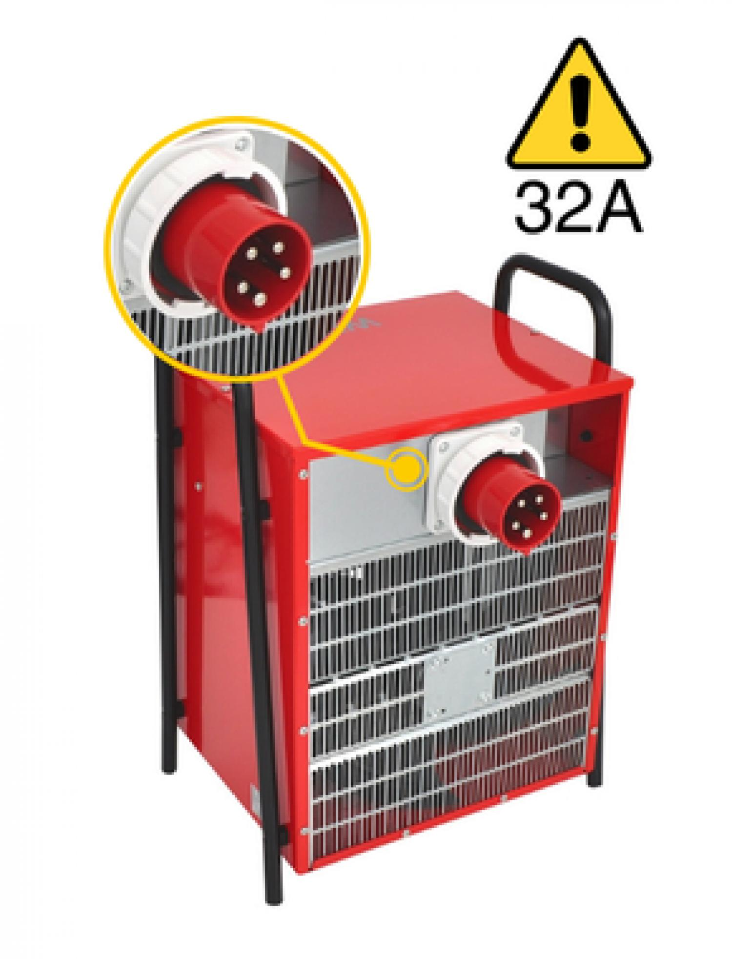 Roter Industriestecker mit 5 Pins, 32A Warnsymbol.