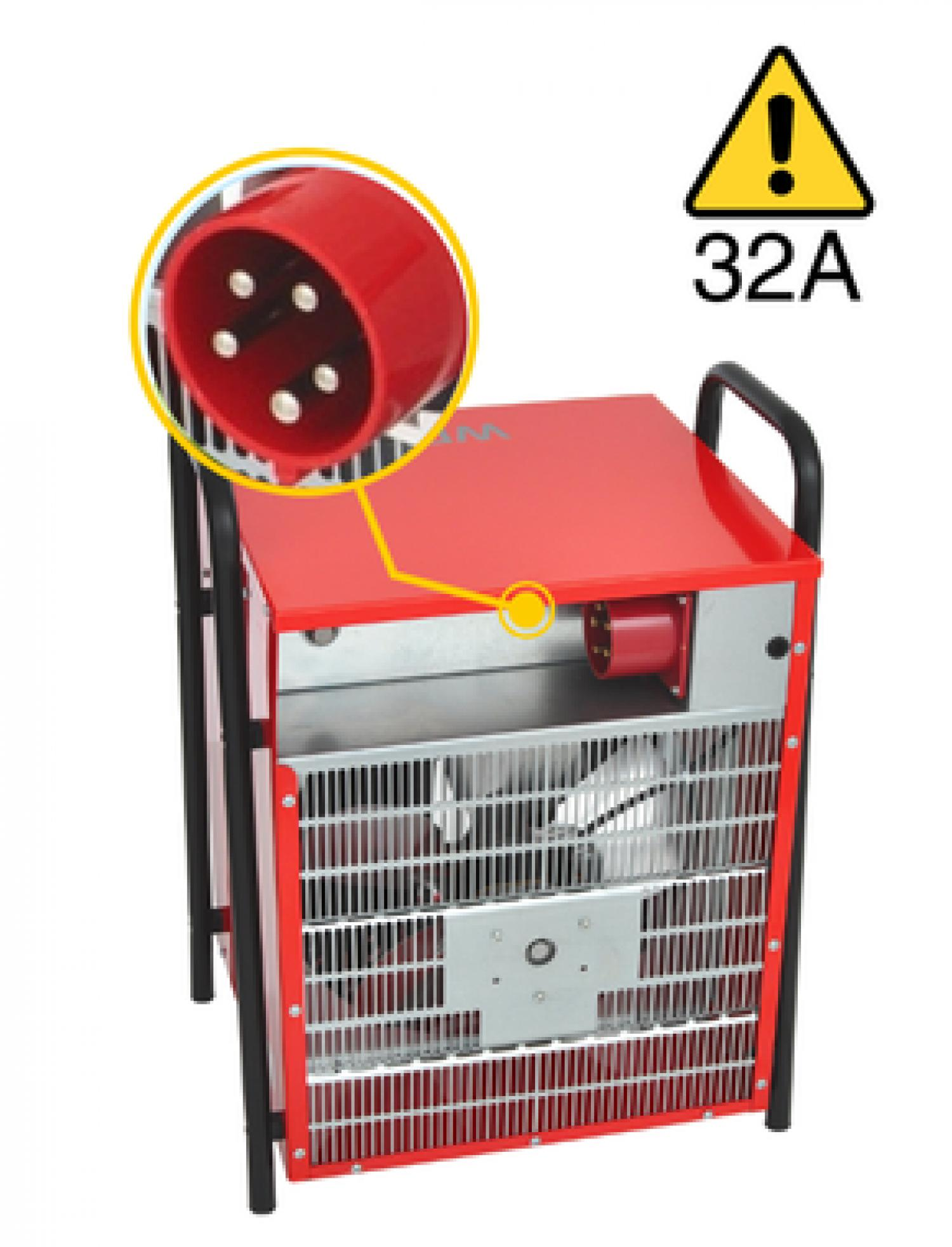 Roter Industriestecker mit 5 Pins, 32A Warnschild, weißer Hintergrund.