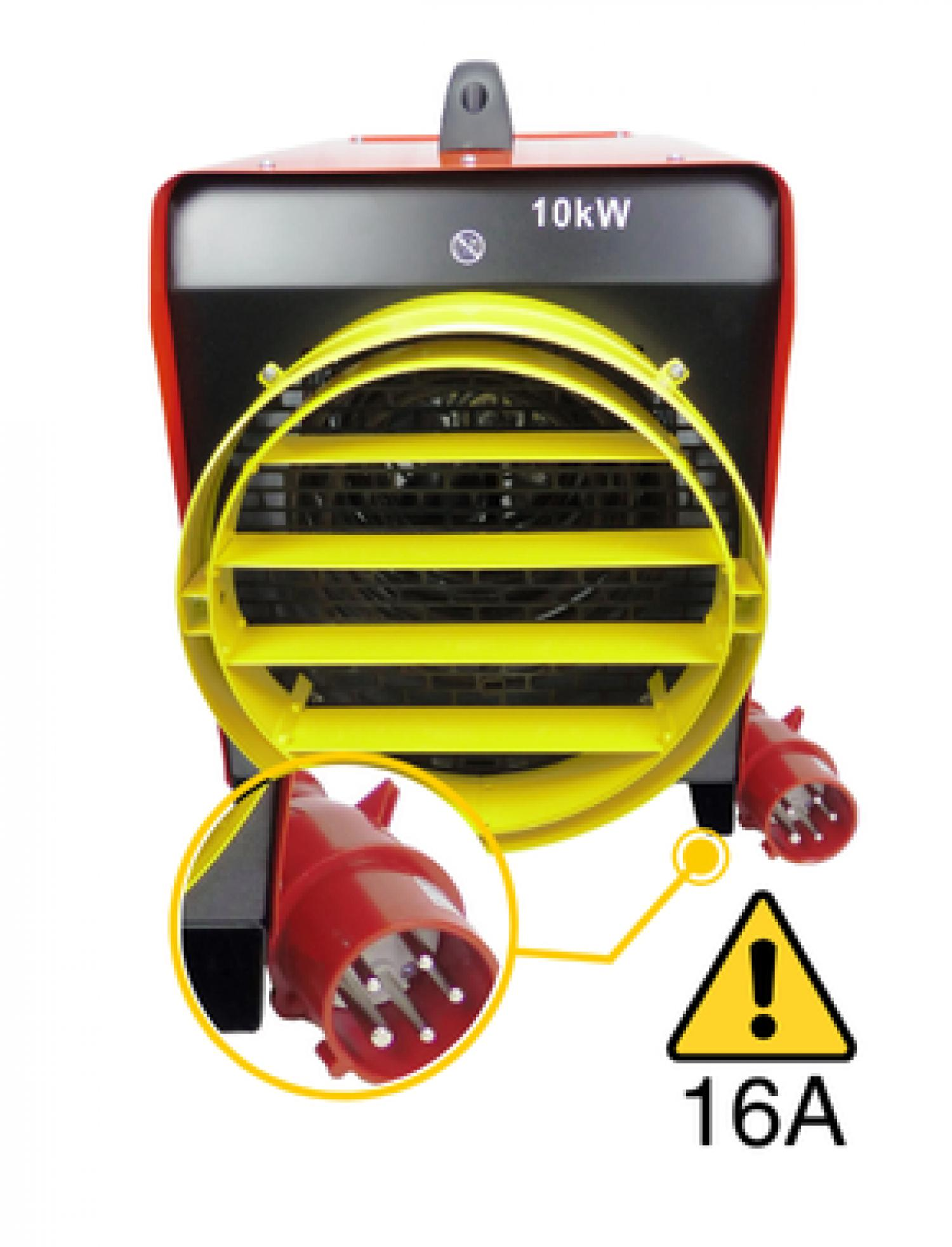 Ein roter und schwarzer 10kW-Heizlüfter mit gelbem Lüftergitter und rotem Stecker.