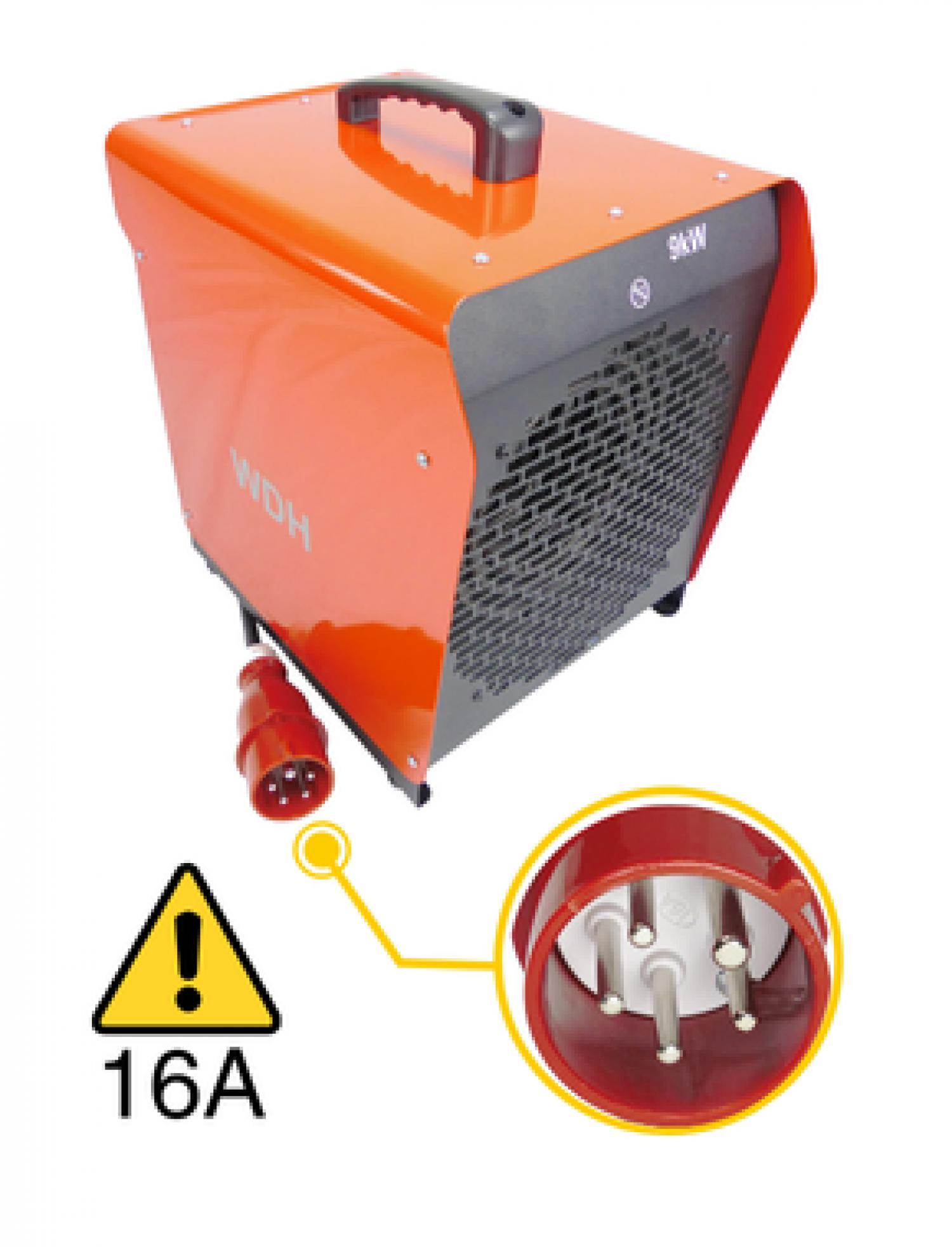Ein oranges Heizgerät mit schwarzem Lüftungsgitter und einem Stecker.