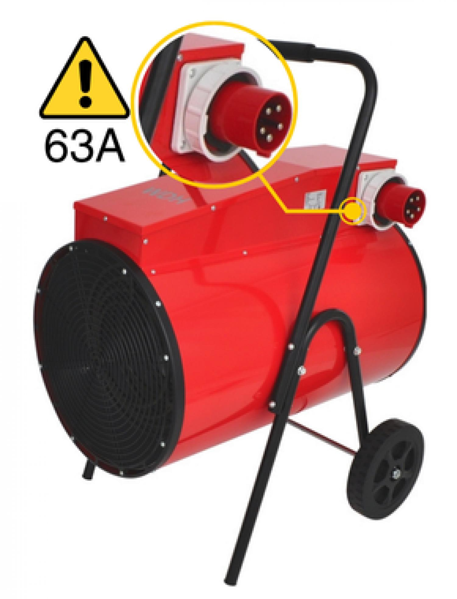 Roter Heizlüfter mit schwarzem Lüftergitter, Rädern und 63A-Steckdose.