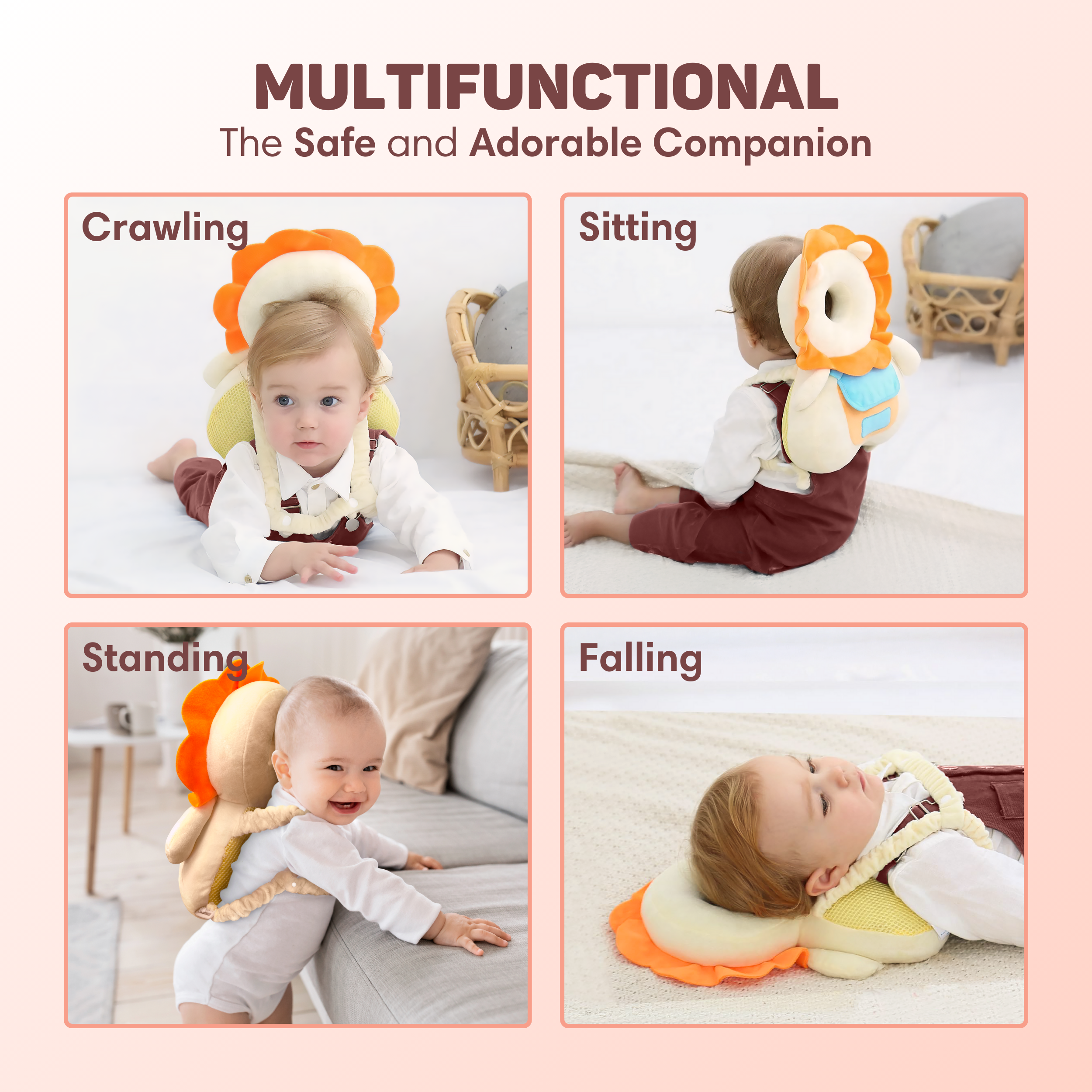 Baby met beschermende helm in diverse posities: kruipend, zittend, staand, vallend.