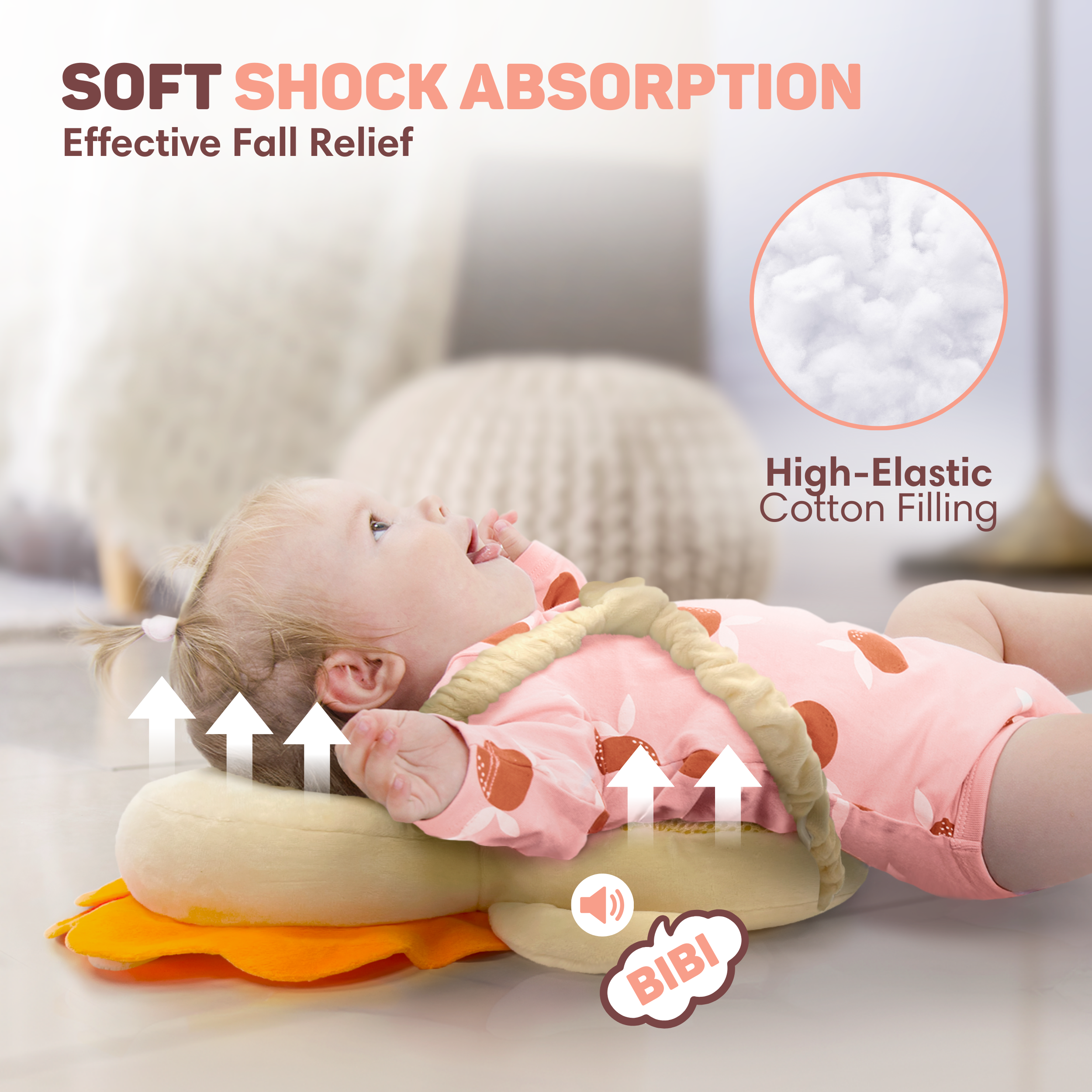 Baby ligt op een eendvormig kussen. Tekst: Zachte schokabsorptie.