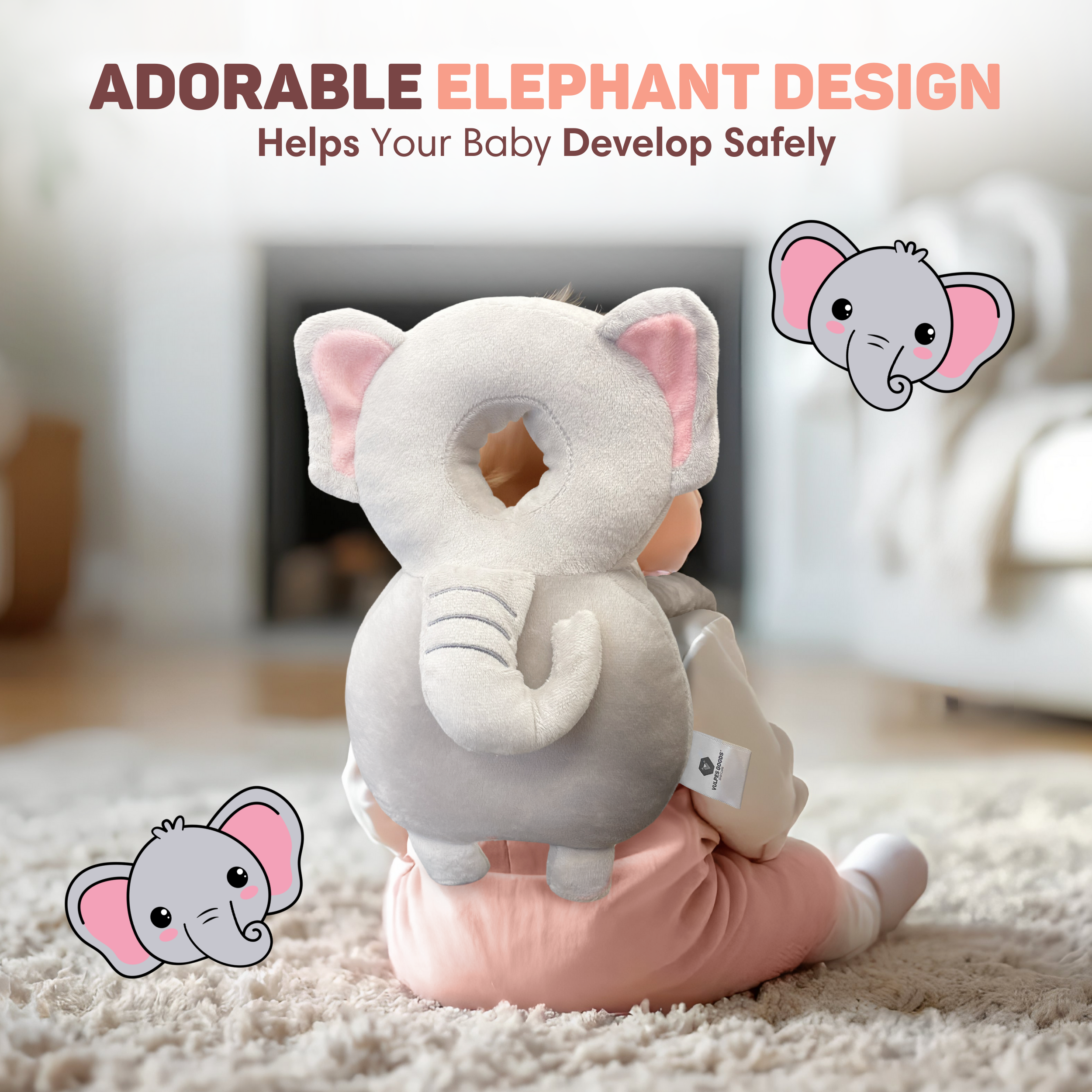 Baby met olifantenkussen op een kleed. Leuke olifantillustraties.