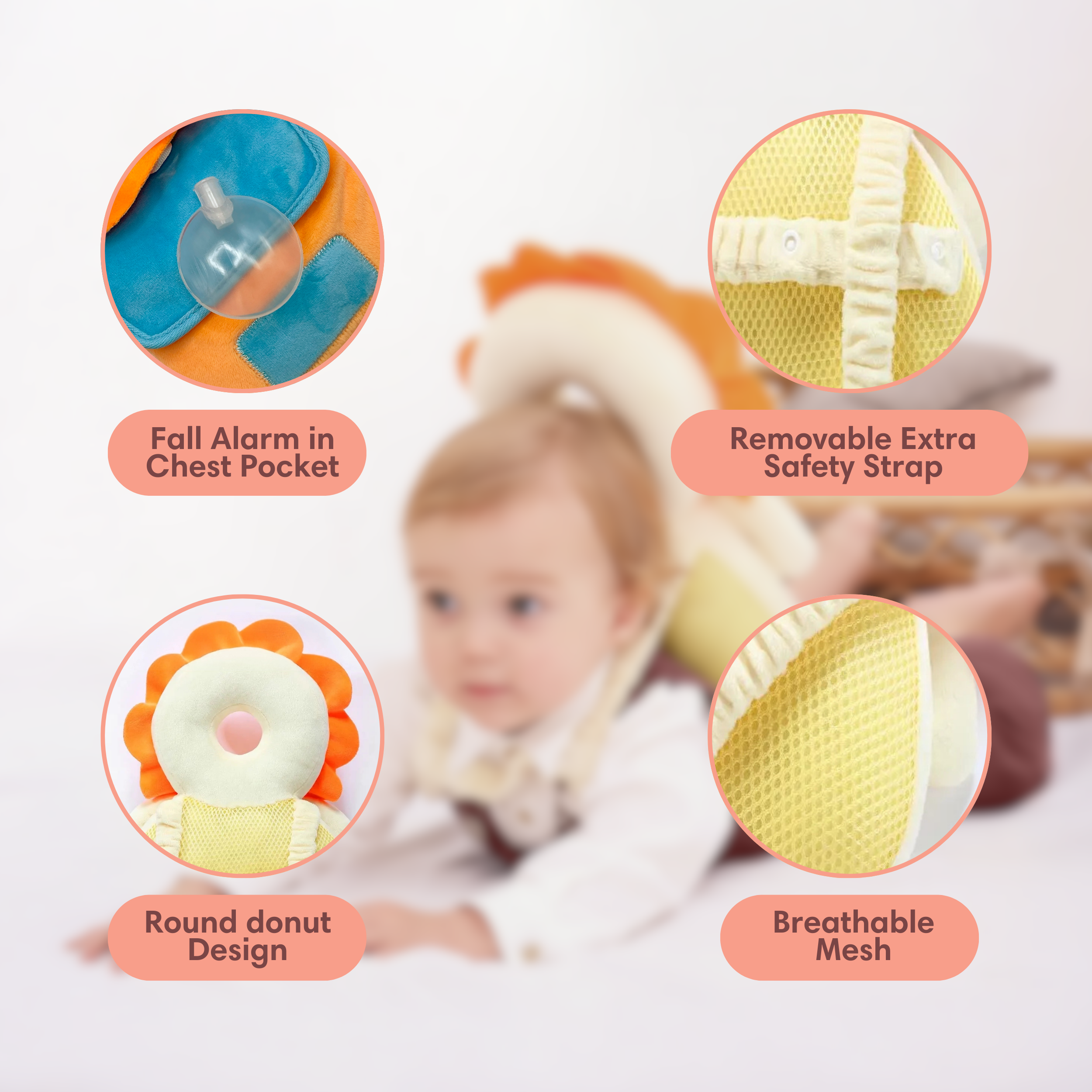 Baby hoofdbeschermer met oranje-geel design, verstelbare bandjes en mesh stof.