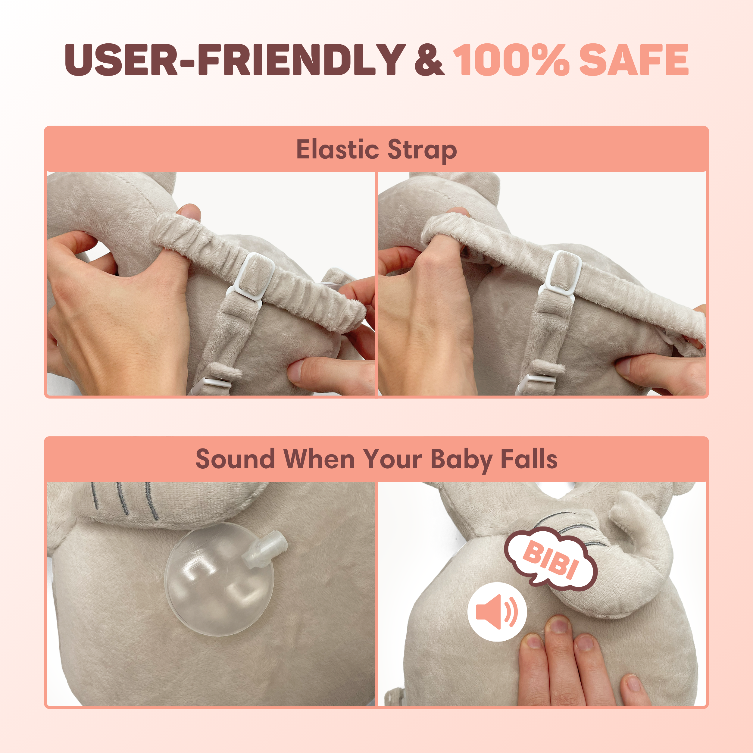 Grijze pluche olifant baby met elastische band en geluidssensor.