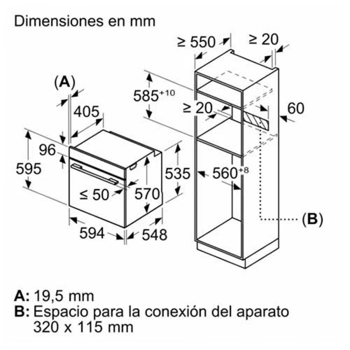 Dibujo técnico con dimensiones para electrodomésticos empotrados.