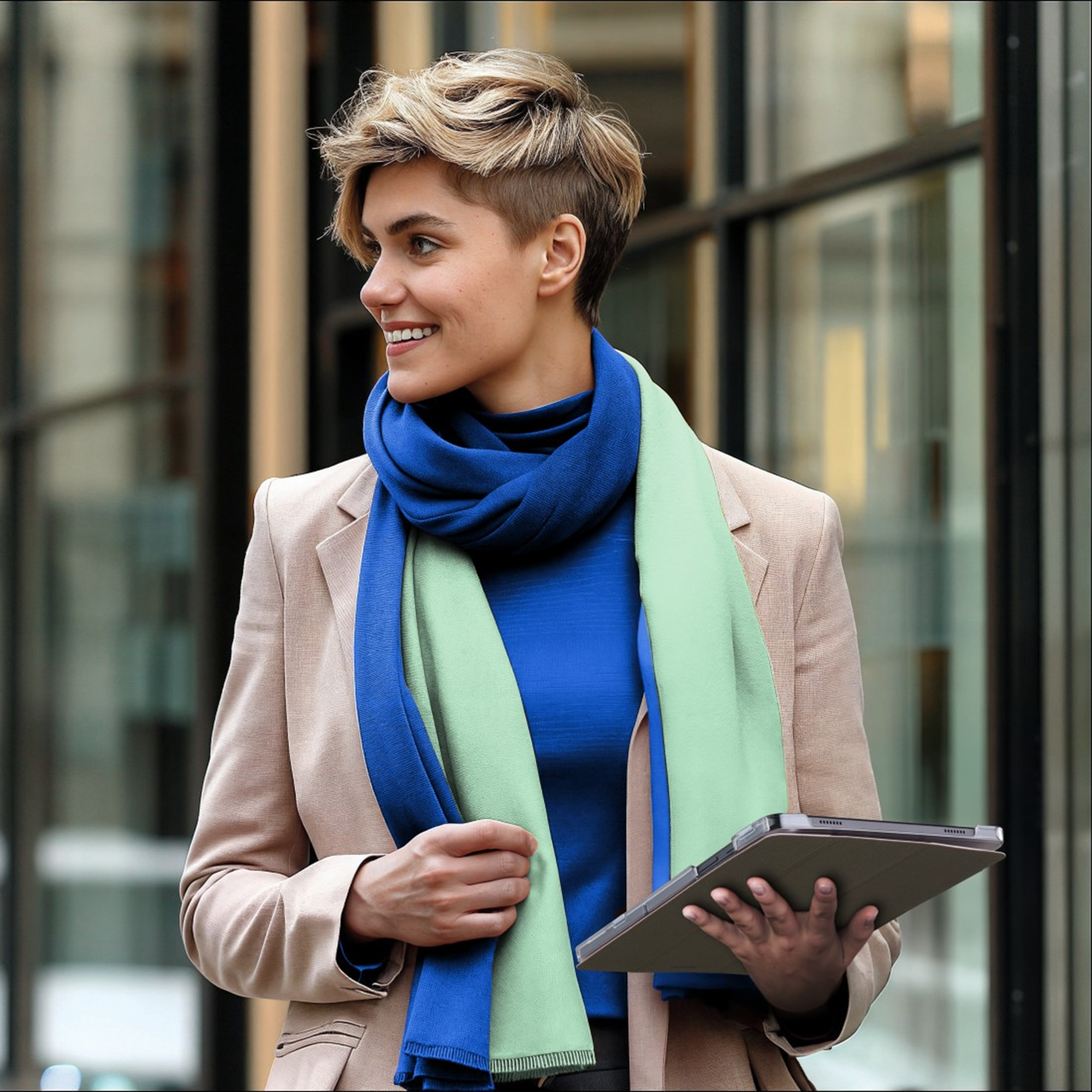 Kobieta z krótkimi włosami w beżowej marynarce, niebieskim topie i szaliku, trzyma tablet.