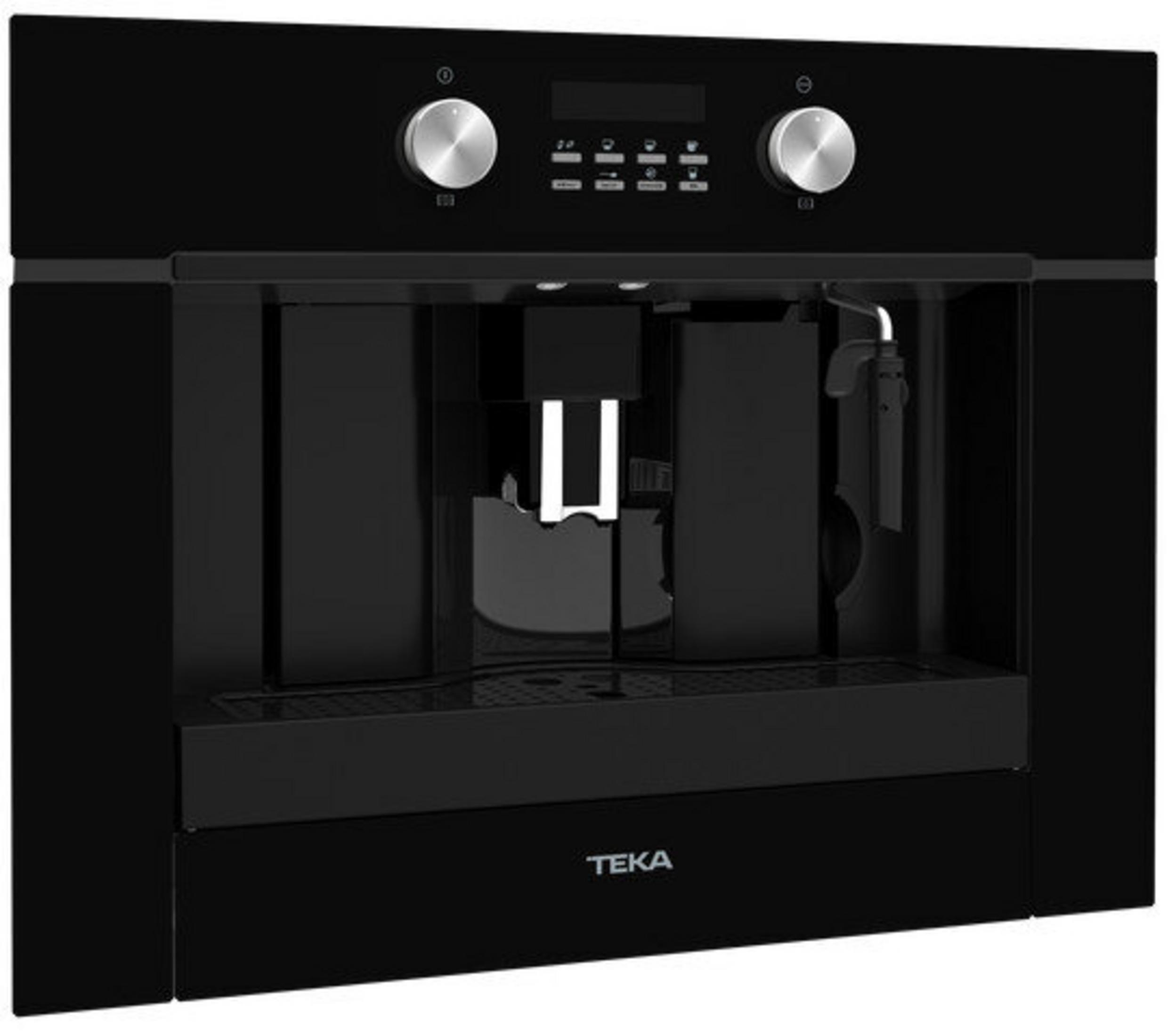 Czarny ekspres do kawy do zabudowy ze srebrnymi pokrętłami i cyfrowym wyświetlaczem.