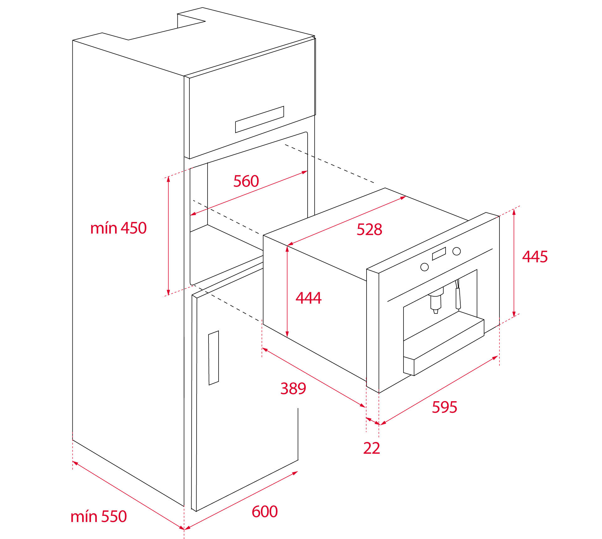 Rysunek wymiarowy kuchni do zabudowy z ekspresem i wymiarami.