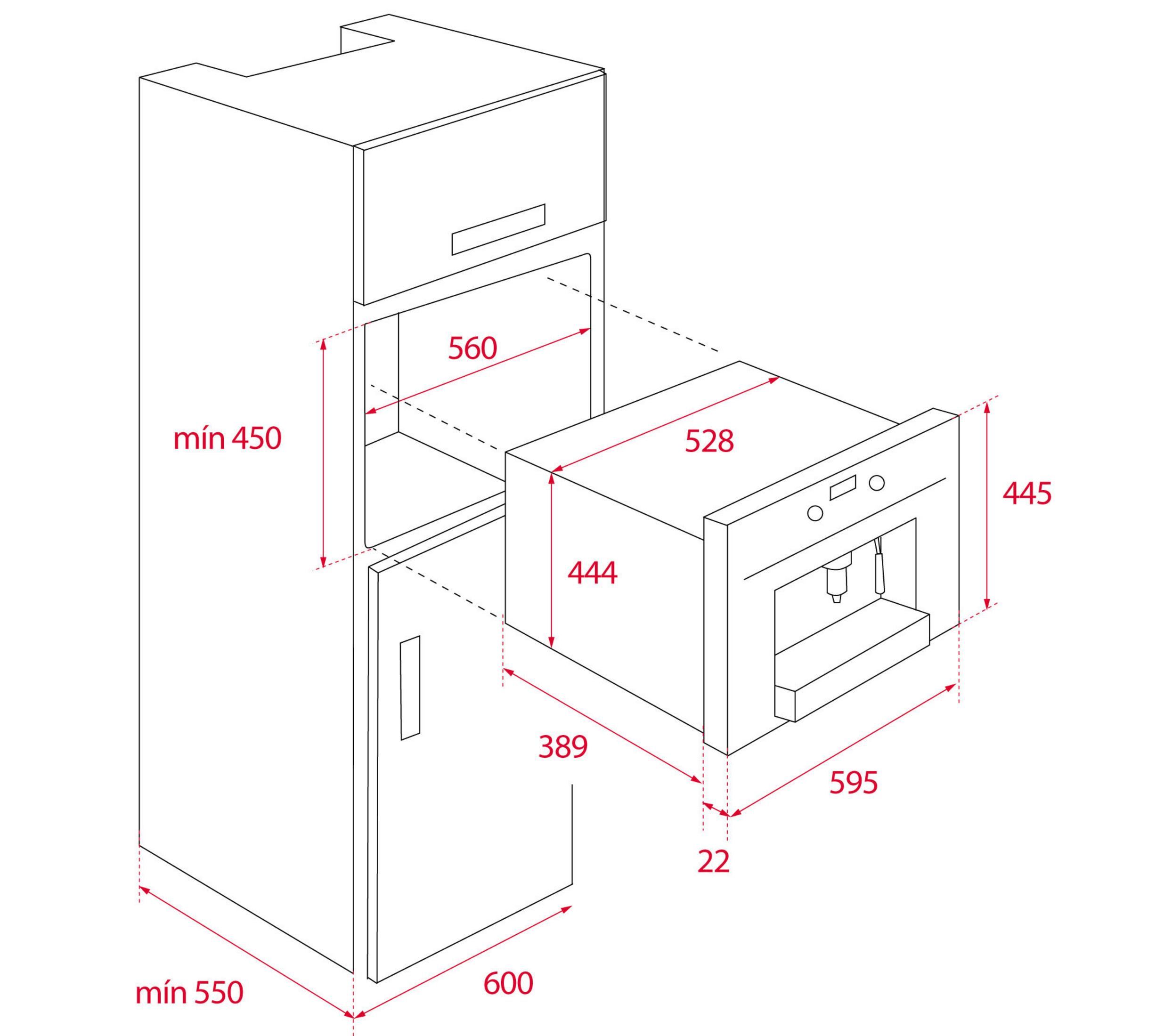 Rysunek techniczny wbudowanego ekspresu do kawy z wymiarami.