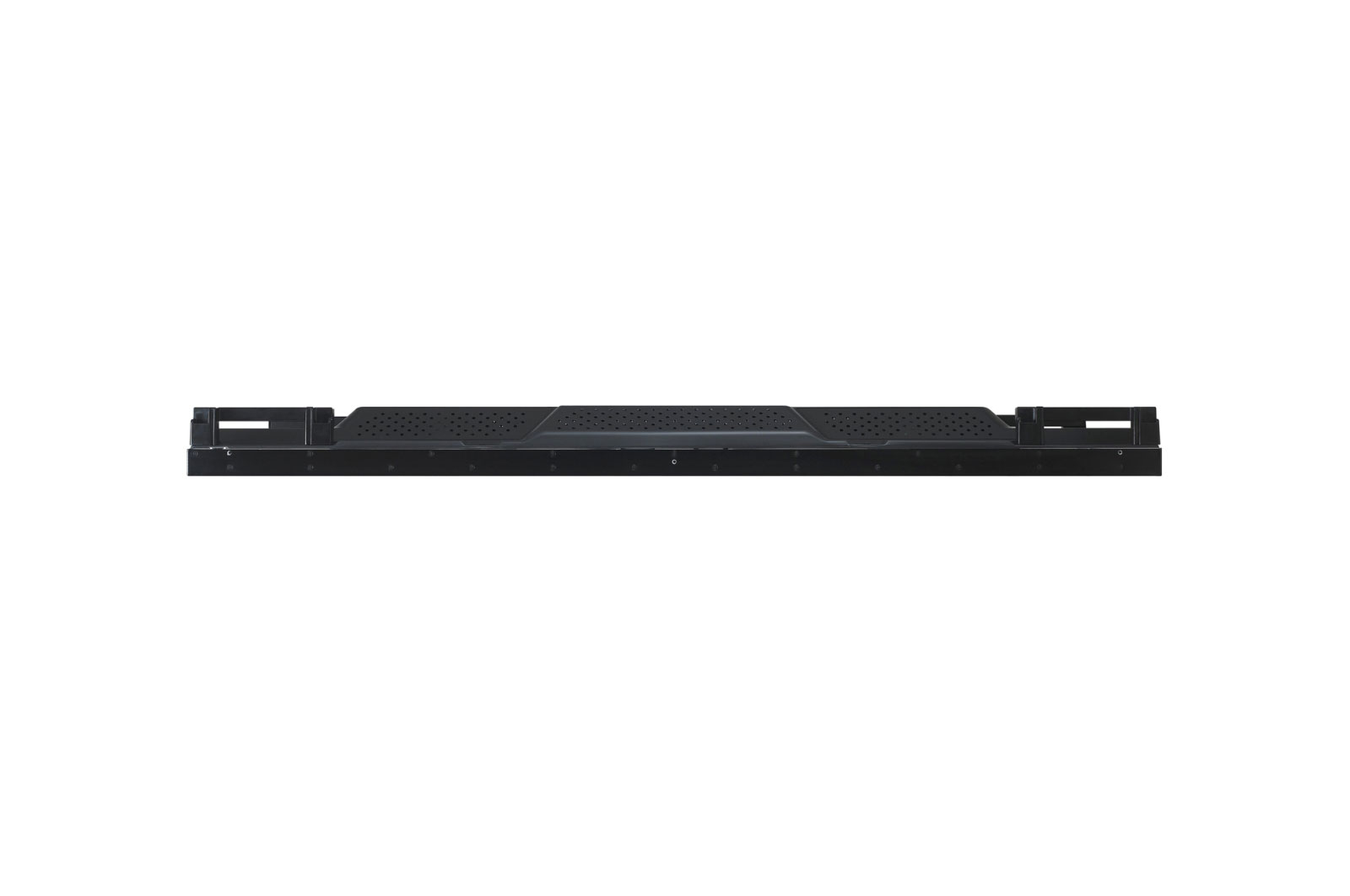 Cornice nera con fessure di ventilazione e connettori, su sfondo bianco.
