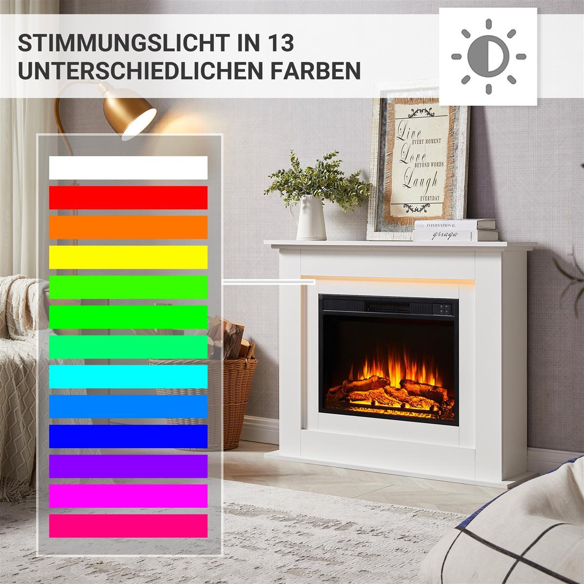 Elektrischer Kamin mit Flammen und einer Leiste von 13 Farben.