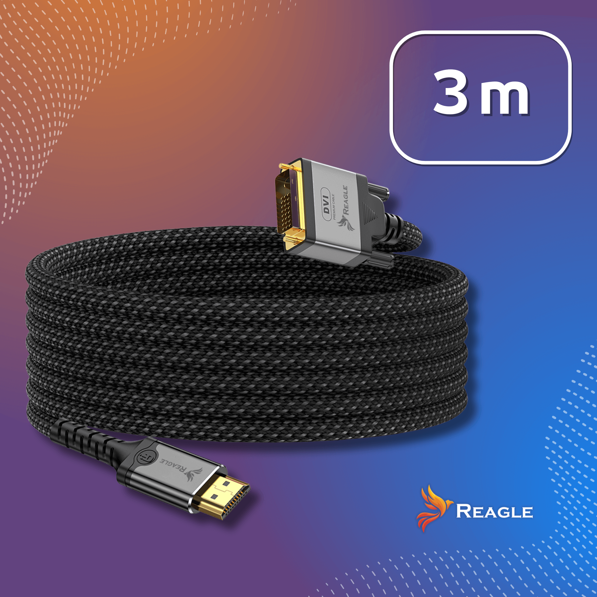 Zwijany czarny kabel DVI ze złotymi złączami i oznaczeniem 3m.