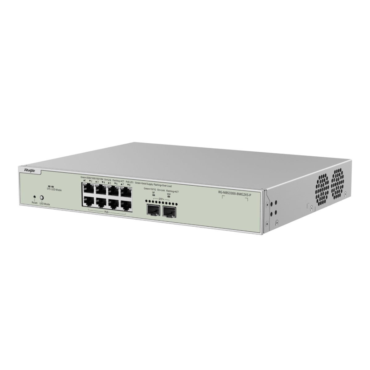 Uno switch di rete argentato con otto porte Ethernet e due porte SFP+.