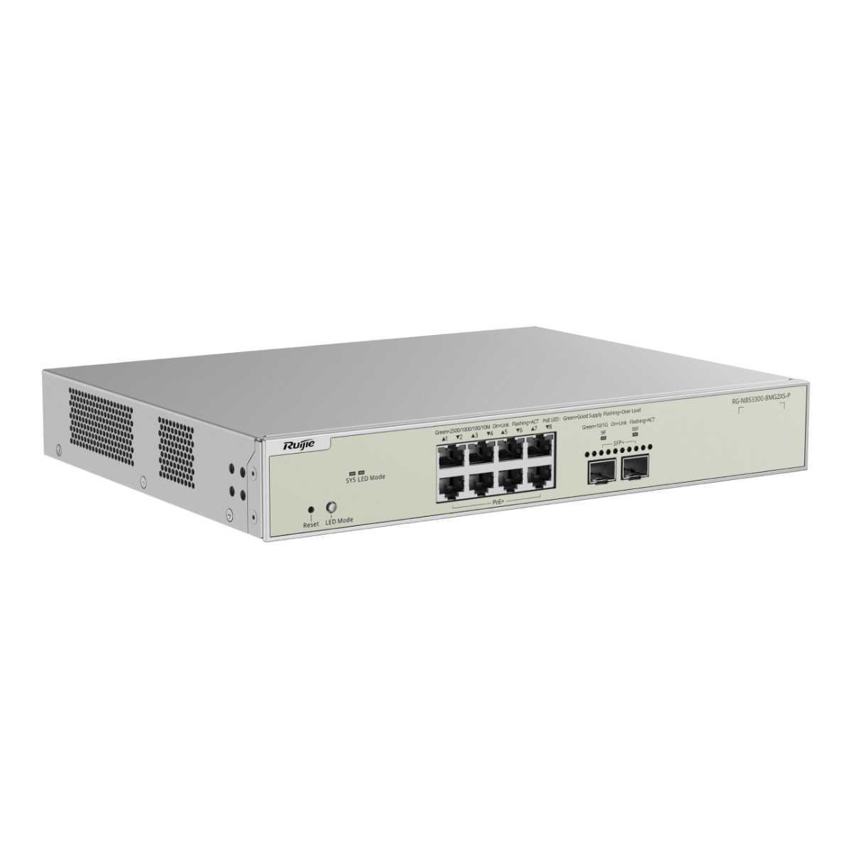 Uno switch di rete argentato con 8 porte Ethernet e 2 porte SFP+.