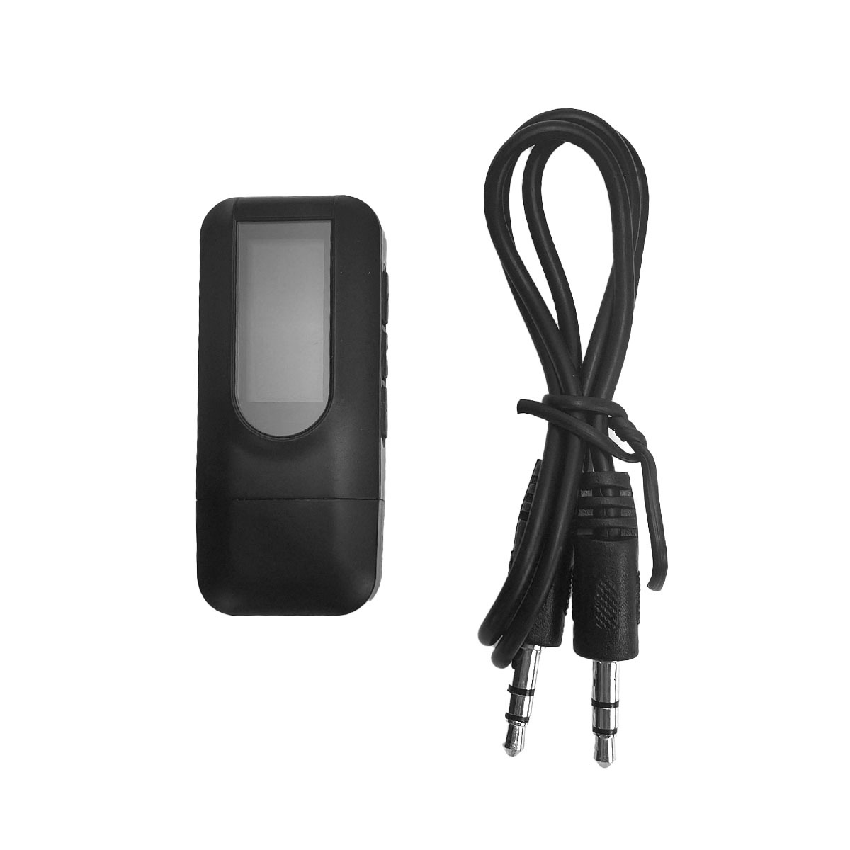 Czarne urządzenie z ekranem i kabel z dwoma wtykami jack.