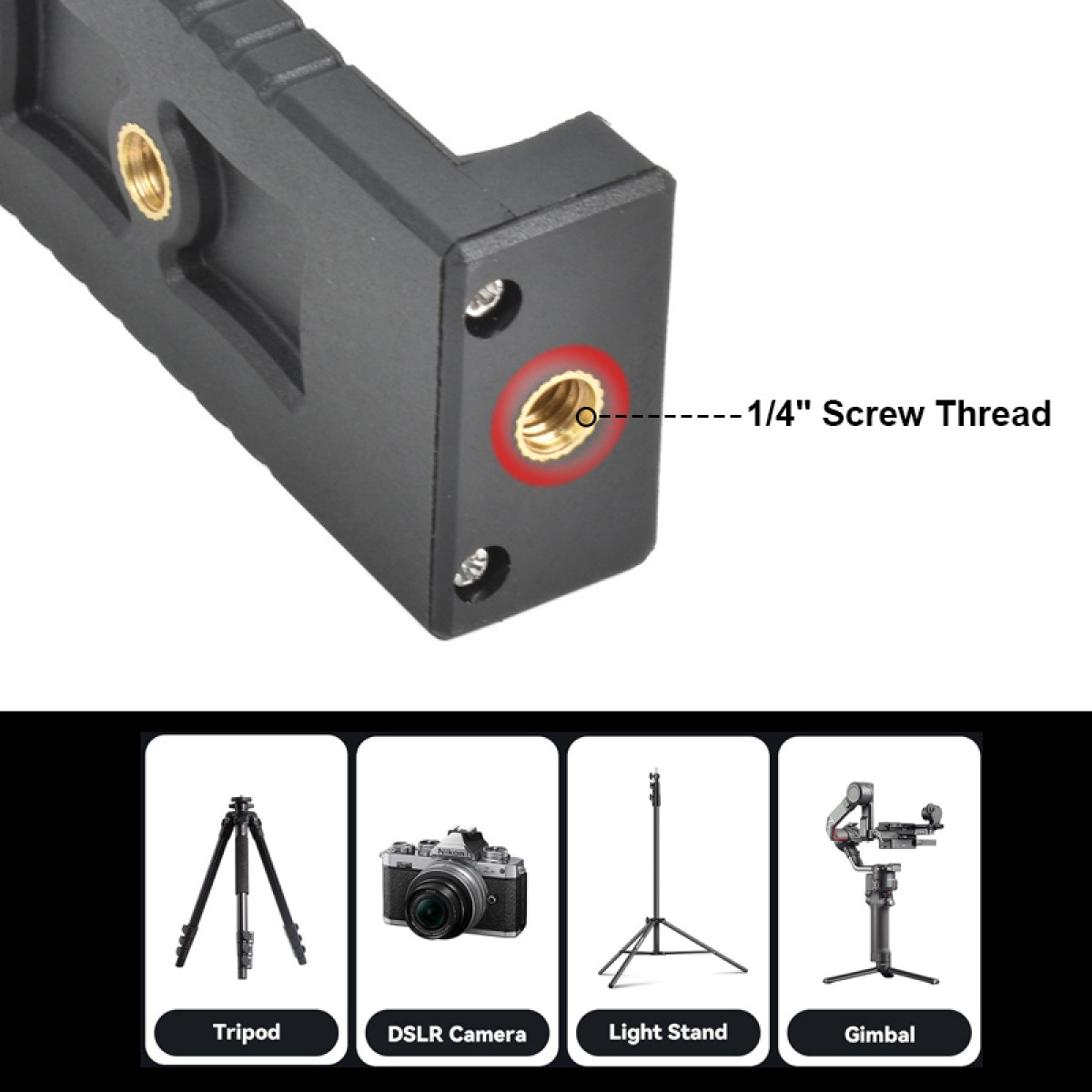 Czarny uchwyt z gwintem 1/4 cala i czterema akcesoriami poniżej.