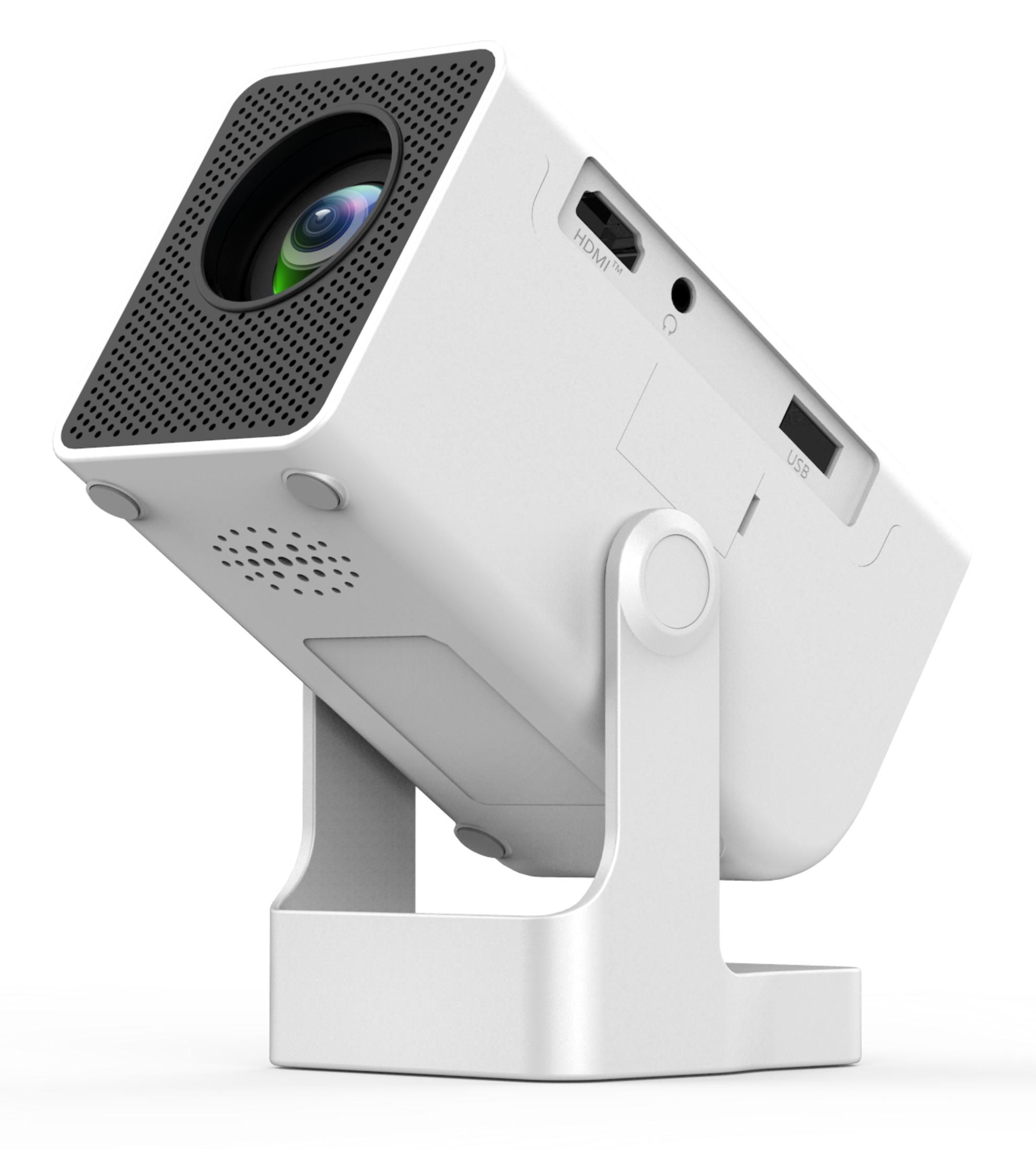 Biały projektor na stojaku, z portami HDMI i USB.