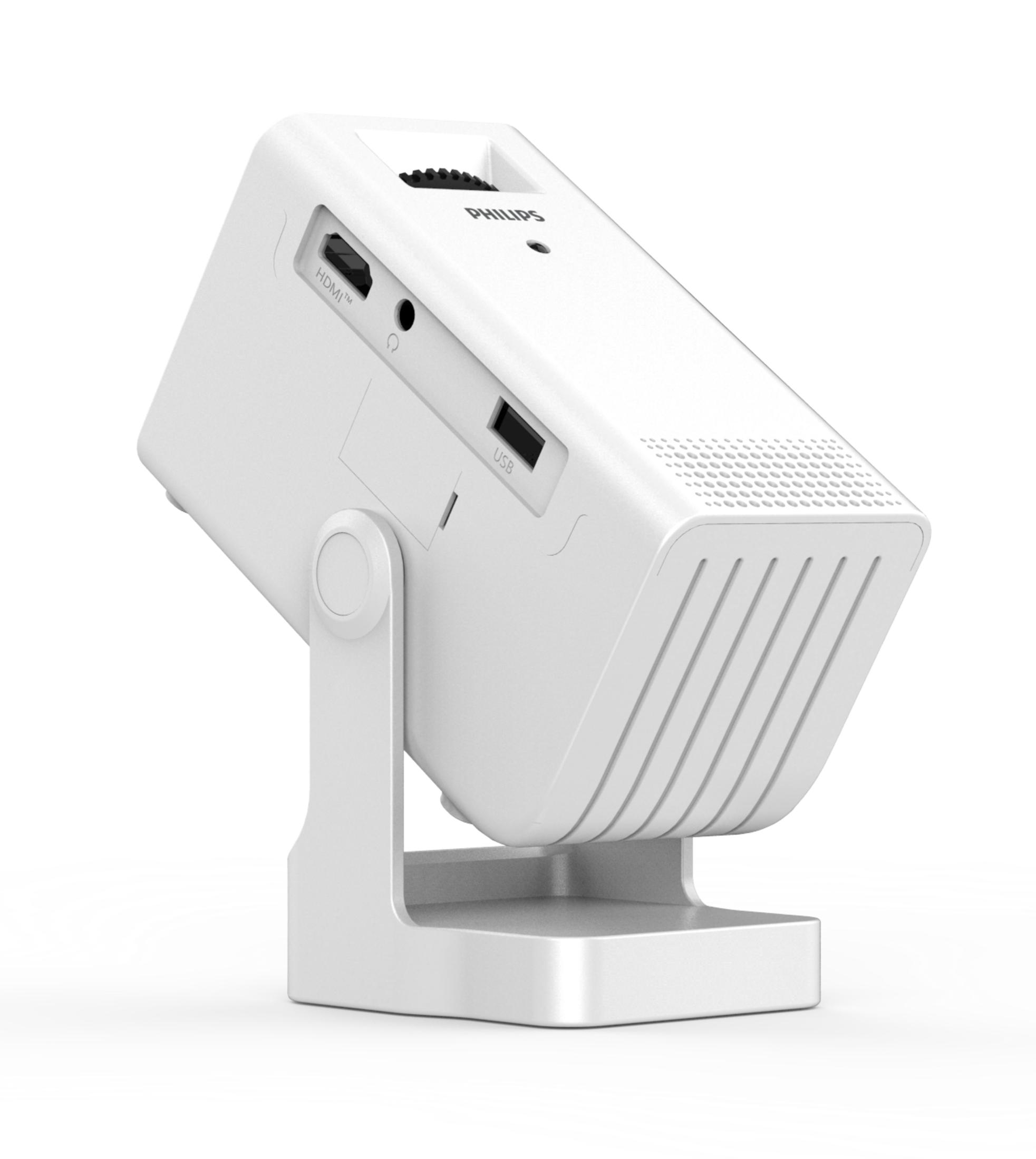 Biały projektor Philips z portami HDMI i USB na stojaku.
