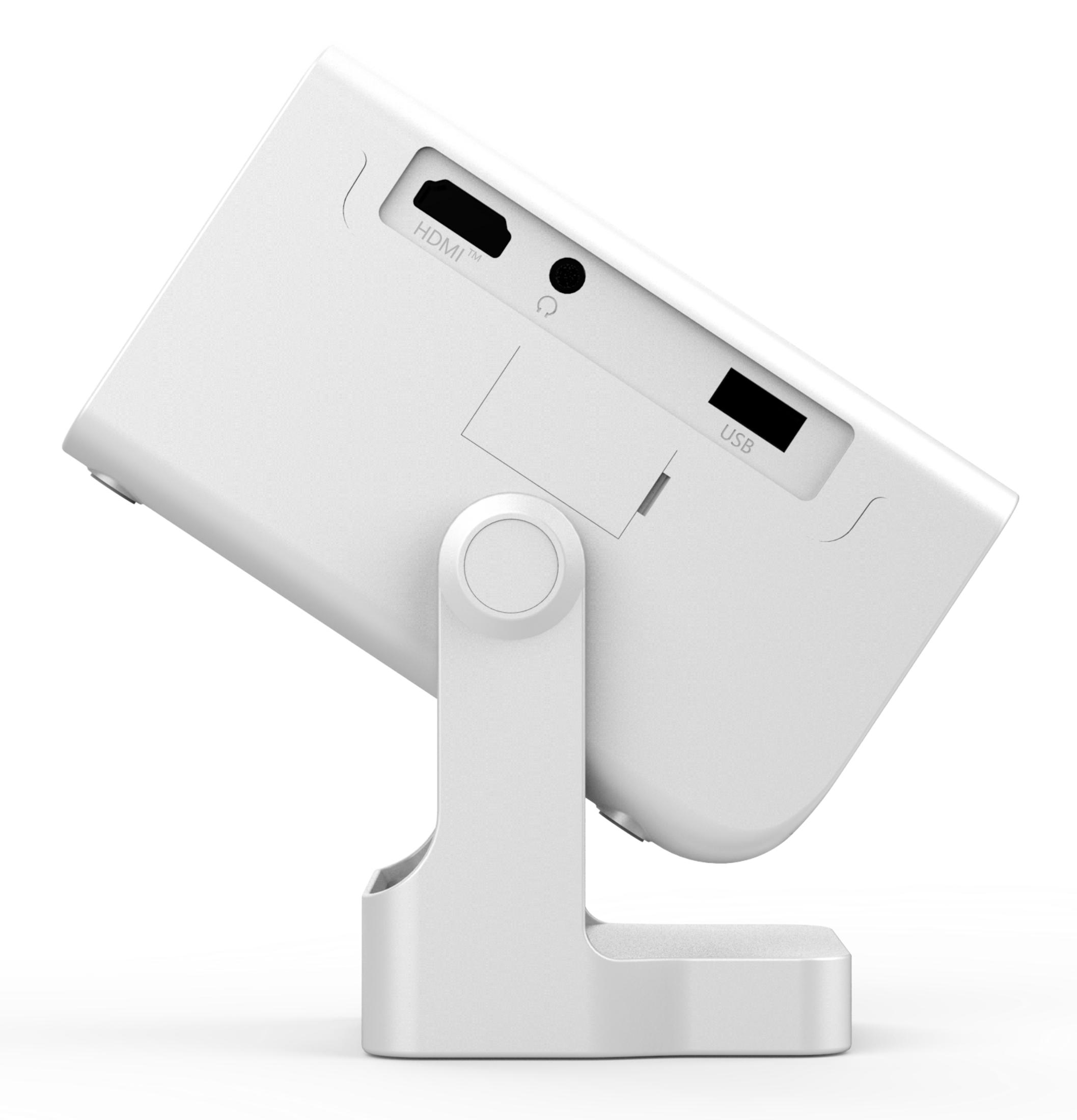 Biały projektor z portami HDMI i USB na stojaku.