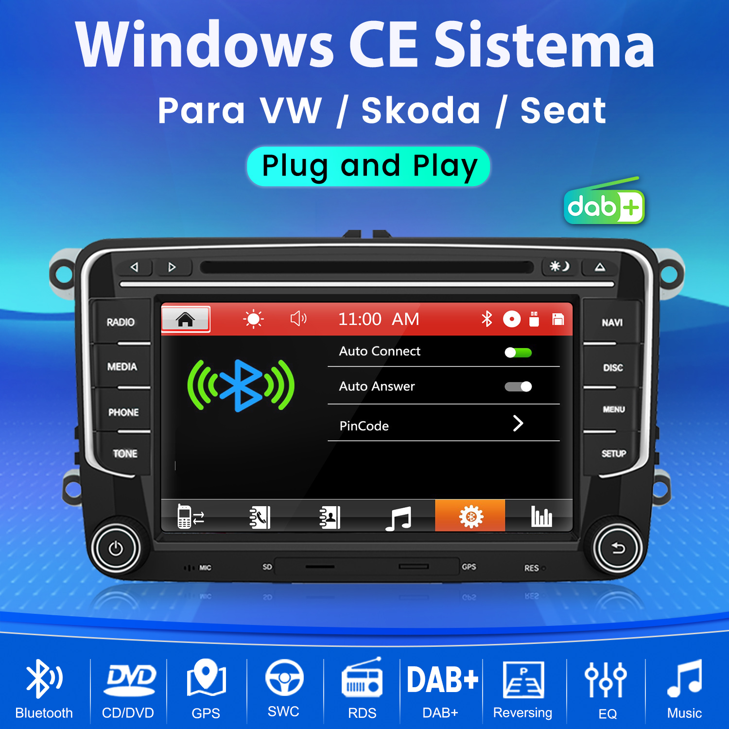 Radio de coche con pantalla táctil, muestra DAB+, Bluetooth y menús.