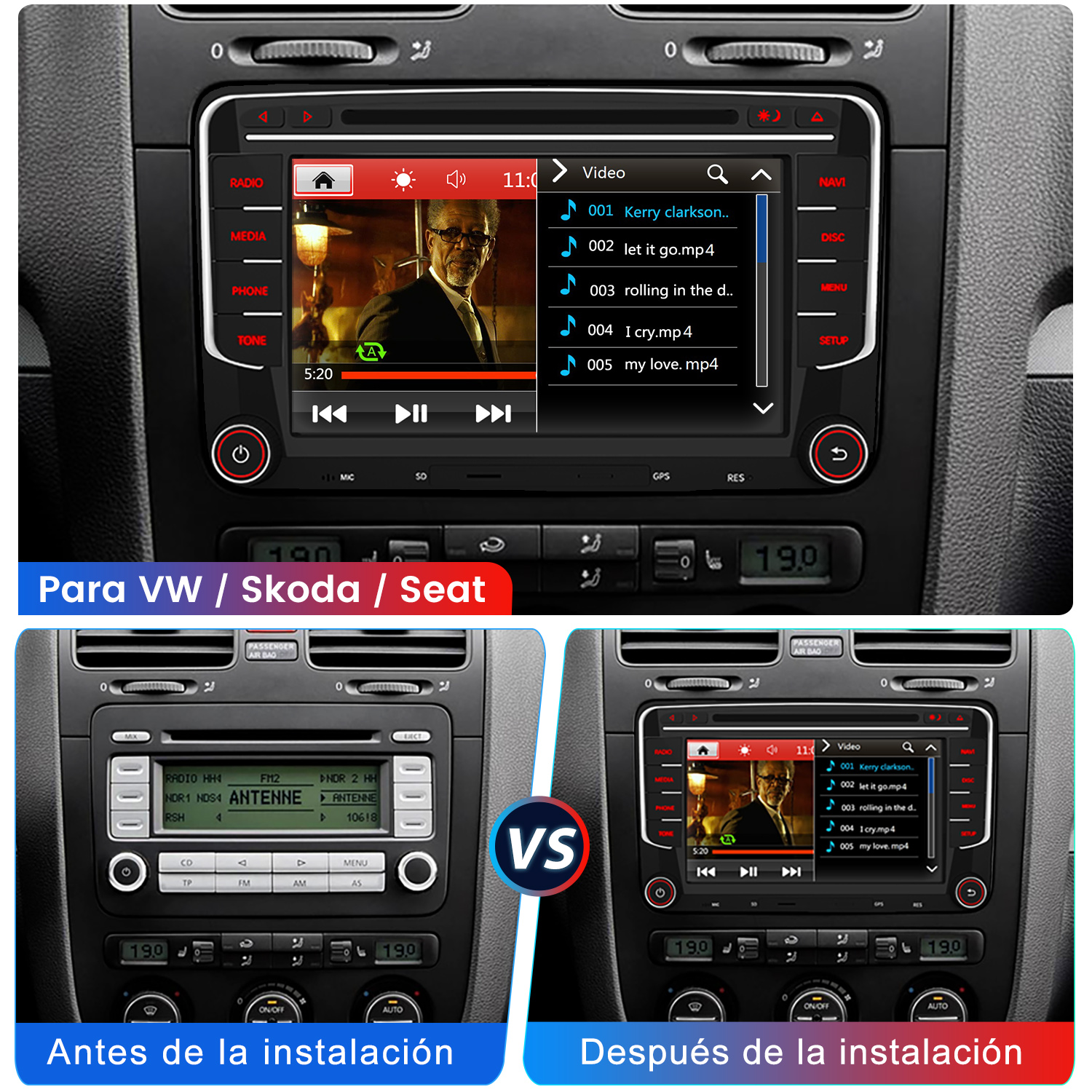 Comparación antes/después de una radio de coche mostrando video y radio.